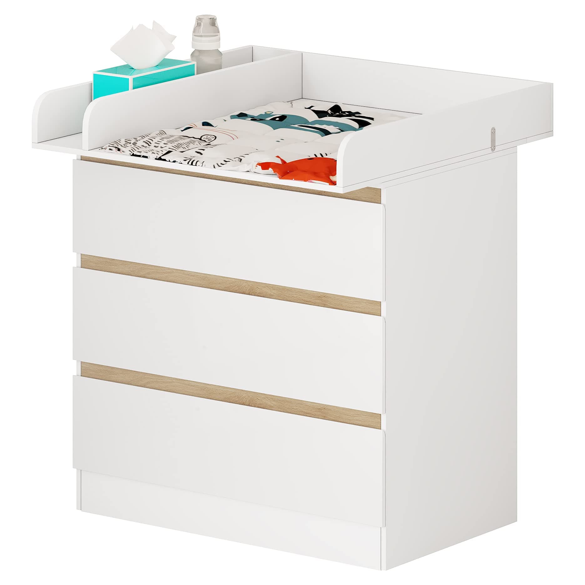 WOLTU Wickelkommode mit Wickelaufsatz, Wickeltisch, Kommode mit 3 Schubladen, Wickelaufsatz abnehmbar, mit Kippschutz, 86 cm für Lendenwirbelschutz, Weiß+Eiche