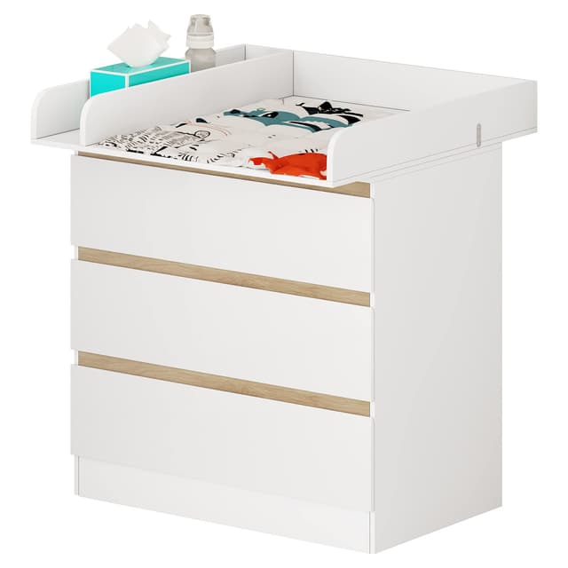 WOLTU Wickelkommode mit Wickelaufsatz, Wickeltisch, Kommode mit 3 Schubladen, Wickelaufsatz abnehmbar, mit Kippschutz, 86 cm für Lendenwirbelschutz, Weiß+Eiche