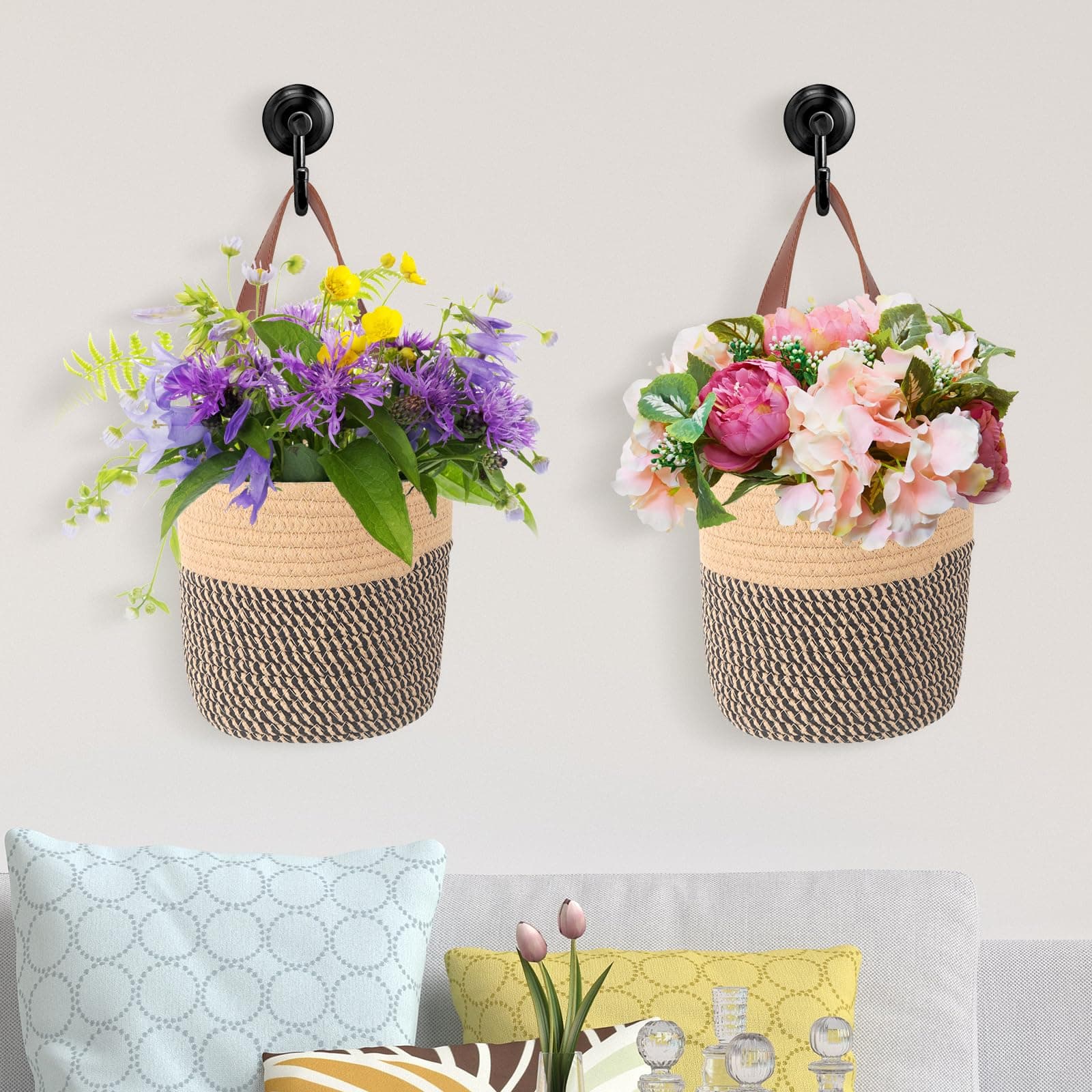2 Stück Wandkörbe Zum Aufhängen, Aufbewahrungskorb, Hängekorb, Aufbewahrungskörbe mit Griff, Baumwolle Korb für Regal, Hängekorb Bad und Küche, Pflanzen Blumentopf Pflanzenkörbe, 14 * 17CM