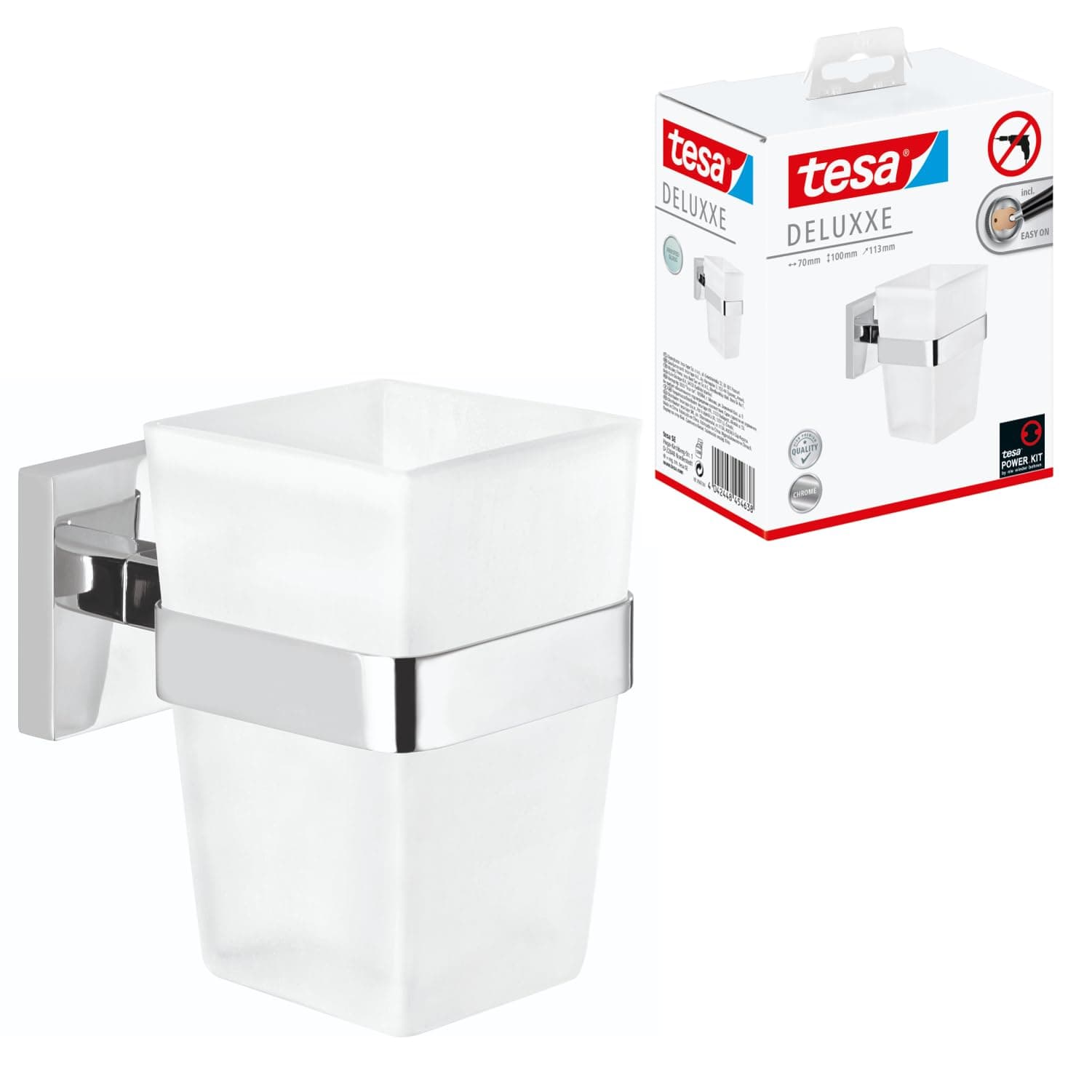 tesa DELUXXE Zahnputzbecher mit Halterung - Becher aus Milchglas, verchromte Wandhalterung - zur Wandbefestigung ohne Bohren - 70mm x 100mm x 113mm Zahnbürstenhalter