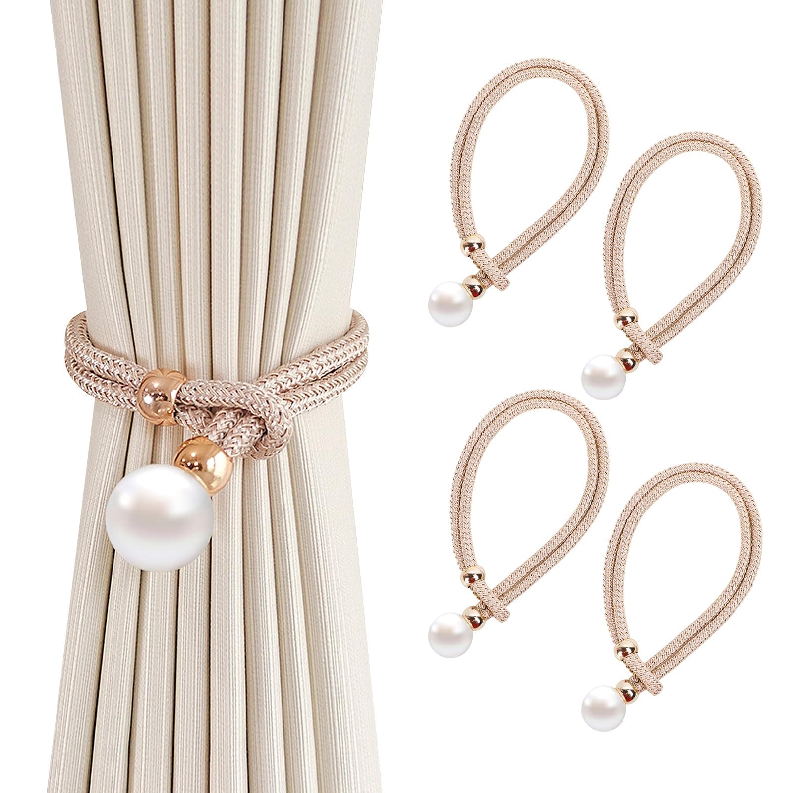 4er-Pack Vorhang Raffhalter, Grau Baumwoll Handstrick Vorhanghalter, Gardinen Raffhalter, Vorhang Clips Seil,Keine Installation, Für Home Office Fensterdekoration (Dunkelbeige)