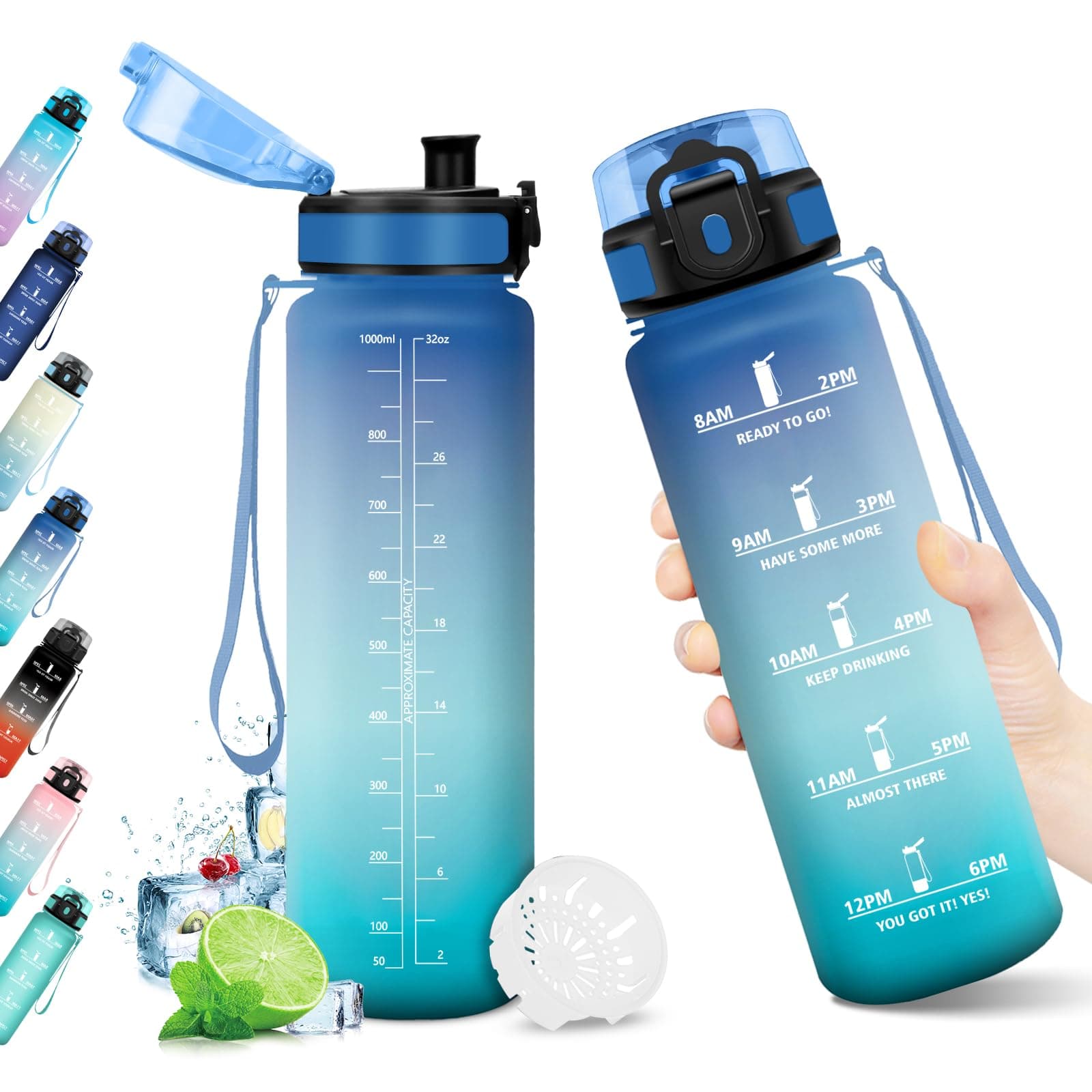 Trinkflasche 1L, BPA-frei, Wasserflasche mit Filter und Zeitmarkierung, Auslaufsicher, Trinkflasche Kohlensäure Geeignet, Trinkflasche für Kinder, Erwachsene, Gym, Camping, Fahrrad, Yoga, Sport 1000 ml 32oz-1000ml | Blau + Grün