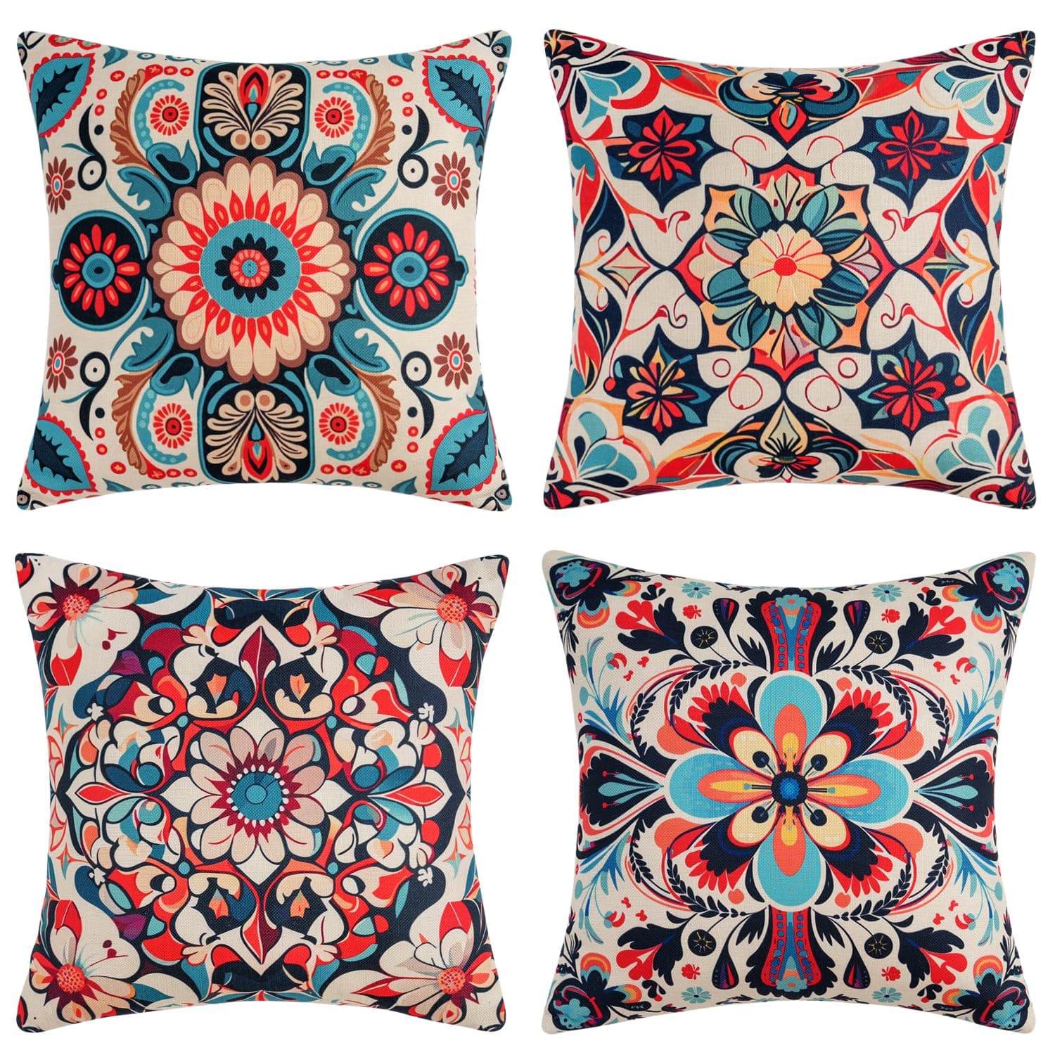 DakTou Kissenbezug 50x50 Boho 4er Set Retro Bohemian Leinen Outdoor Sofakissen Kissenbezüge Bunten Ethno Mandala Geometrische Floral Kissenhülle für Schlafzimmer Wohnzimmer Zuhause 4er Set Beige 50 x 50 cm, 4 Stück