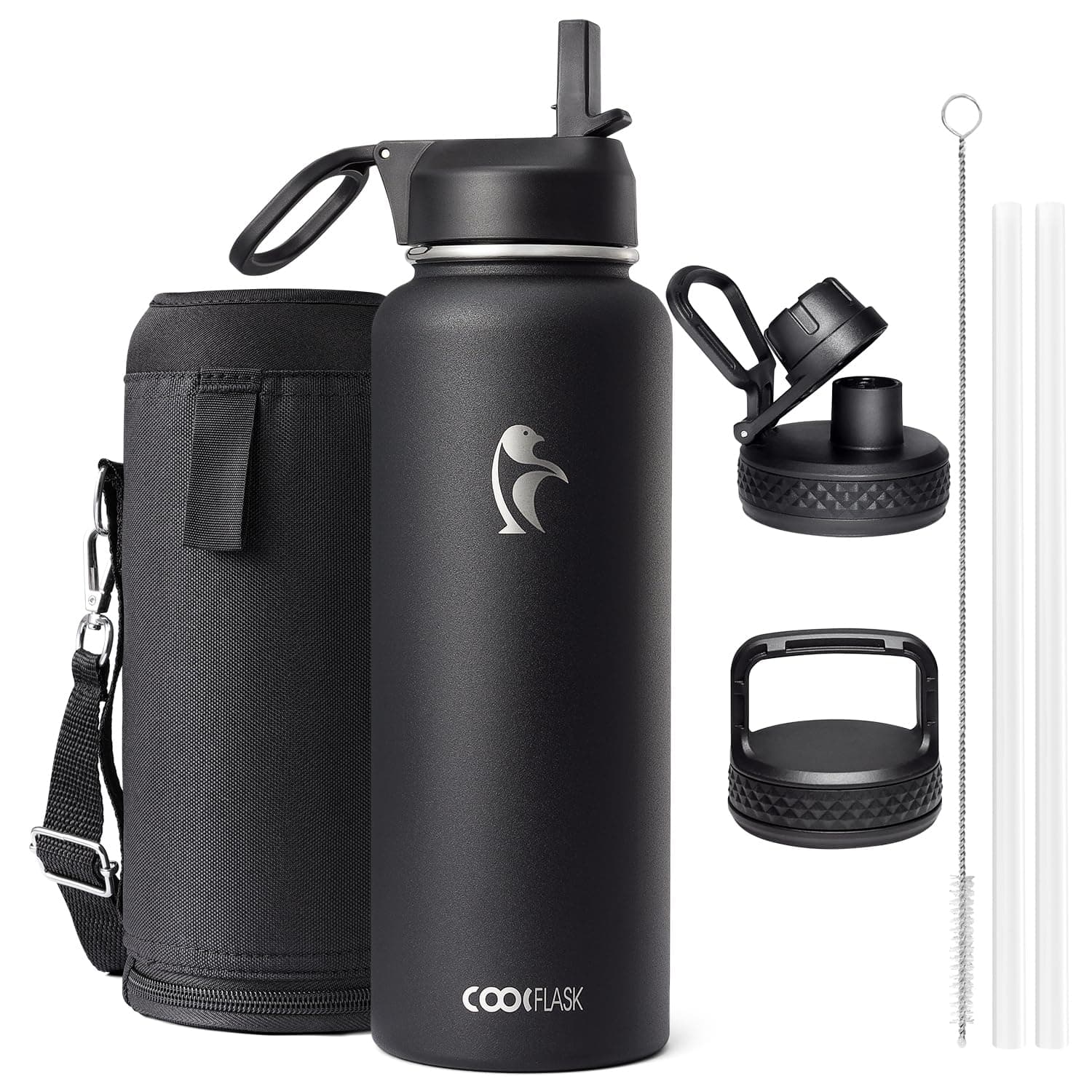Coolflask 1180ml Isolierte Wasserflasche mit Strohhalm und 3 Deckeln, Metallwasserflasche für Sport oder Büro, doppelt vakuumdicht, leicht zu reinigen, Schwarz Schwarz 1200 ml