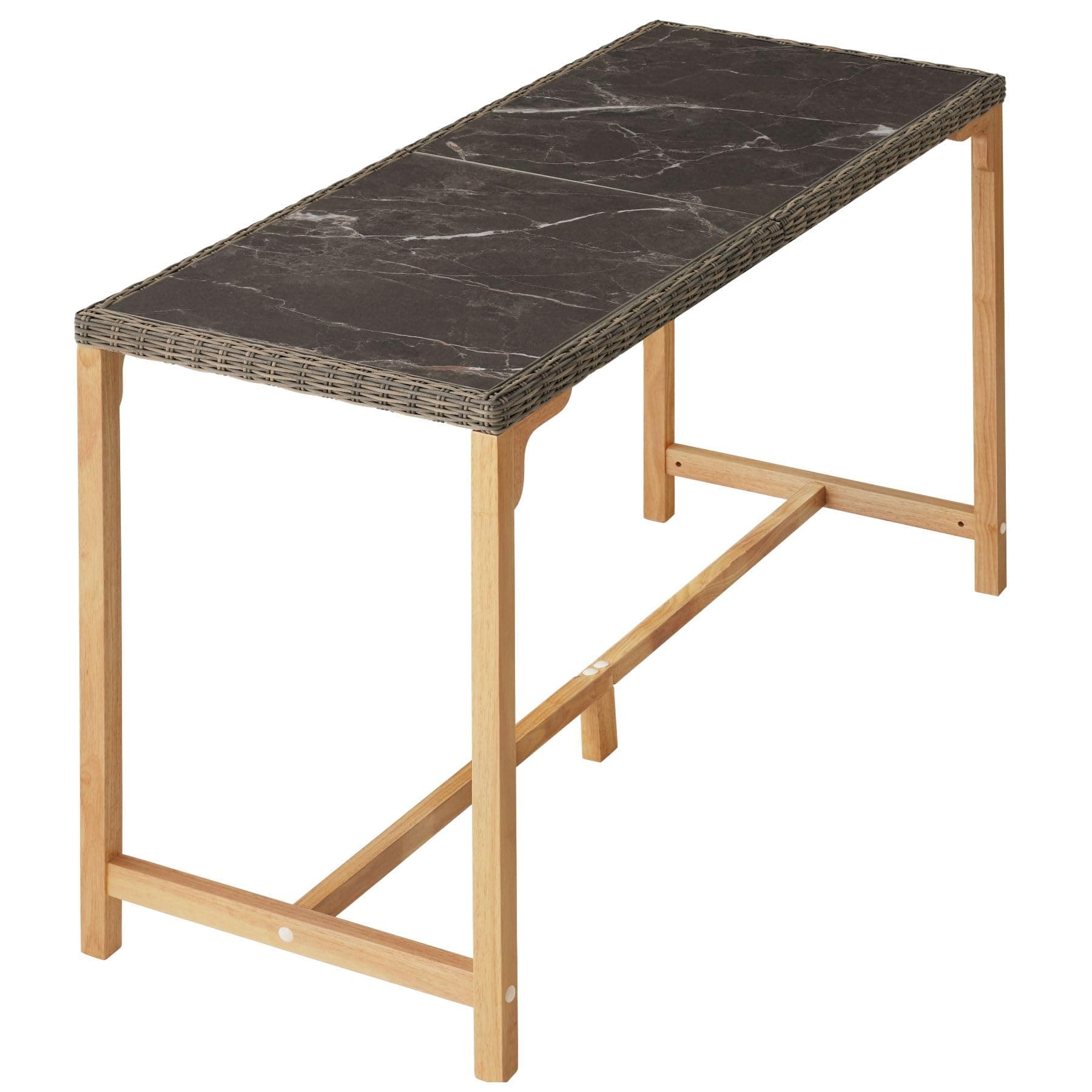 tectake® Alu Rattan Tisch, Esstisch für Outdoor Küche, Terrasse, Wohnzimmer mit Tischplatte in Marmor Optik, Gartentisch, Balkontisch 161 x 64,5 x 99,5 cm, 2 abnehmbare Platten, wetterfest - Natur