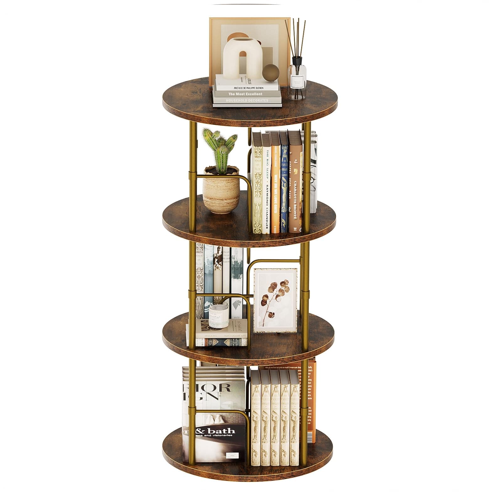 Generisch 360° Drehbares Bücherregal, Bodenstehendes Bücherschrank Aus Holz, Bookshelf Mit 3 Ebenen, Verstellbare Ebenen, Standregal, 45×45×97cm, Vintage-Braun Vintage-braun 3 Ebenen