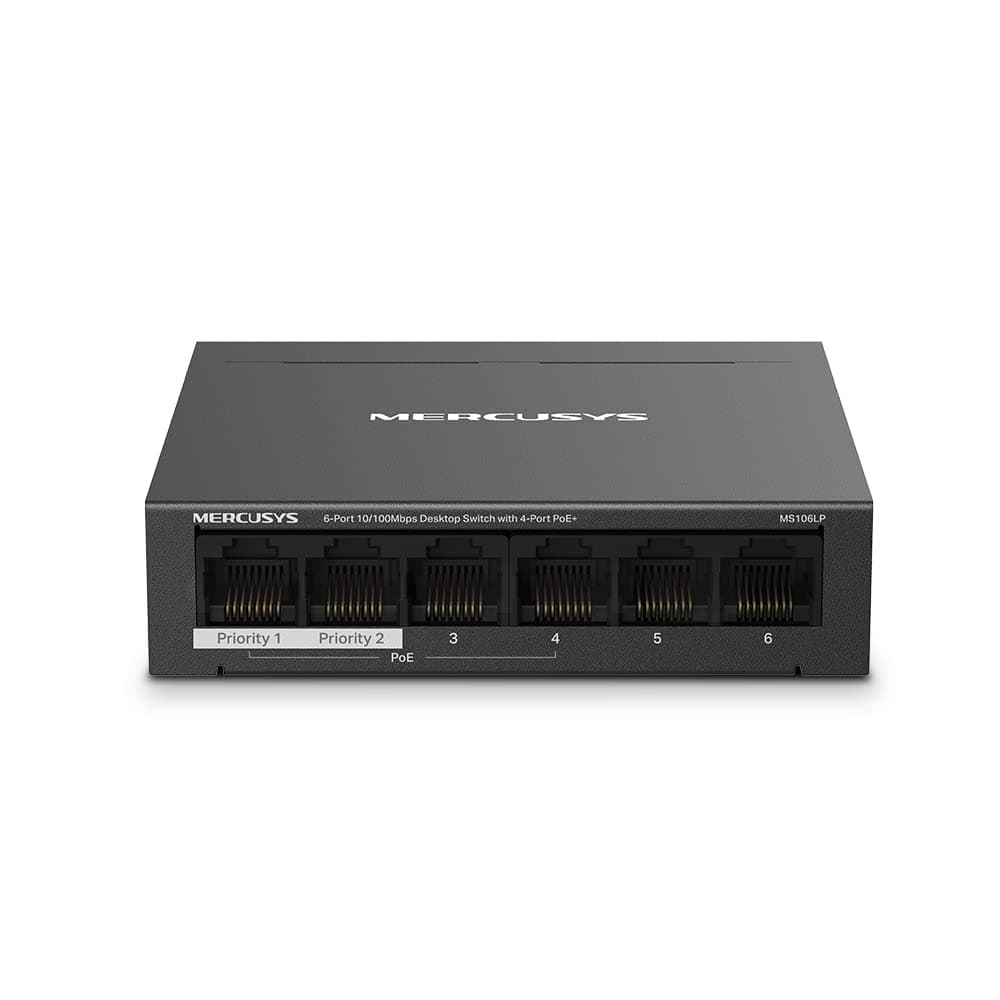 TP-Link Mercusys MS106LP PoE+ Switch 6 Ports mit 4 PoE+, 30W für PoE Port, 40W an Allen Ports, 802.3af/at, 2 Uplink Ports für Internet und NVR, Metallgehäuse, Ethernet-Splitter, Plug & Play