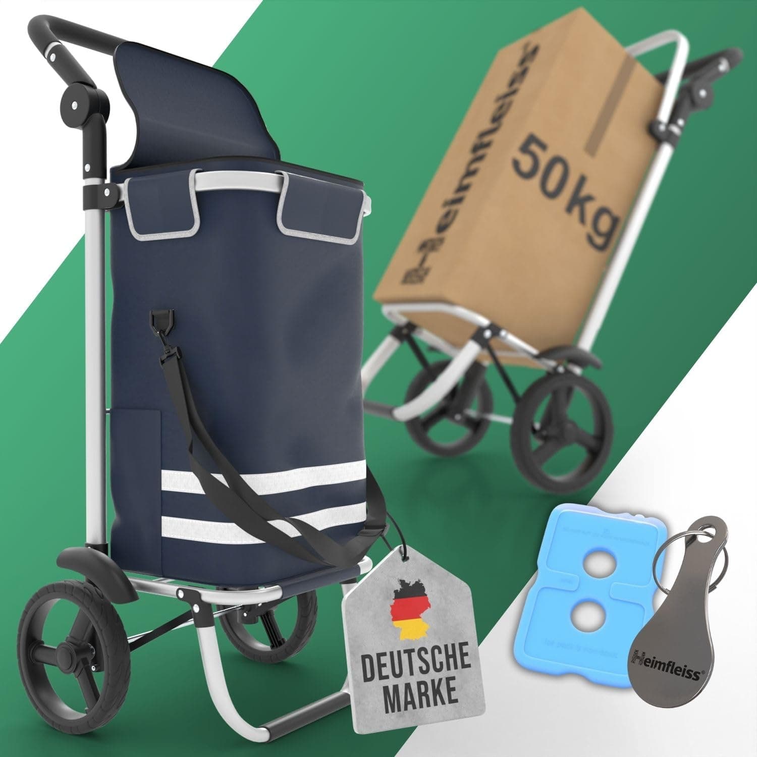 Heimfleiss® Einkaufswagen klappbar mit 56L Volumen | Einkaufstrolley klappbar mit 50kg Traglast | Leichte Einkaufstasche mit Rollen | Einkaufstrolly Hackenporsche | Shopping Trolley Blau 56L