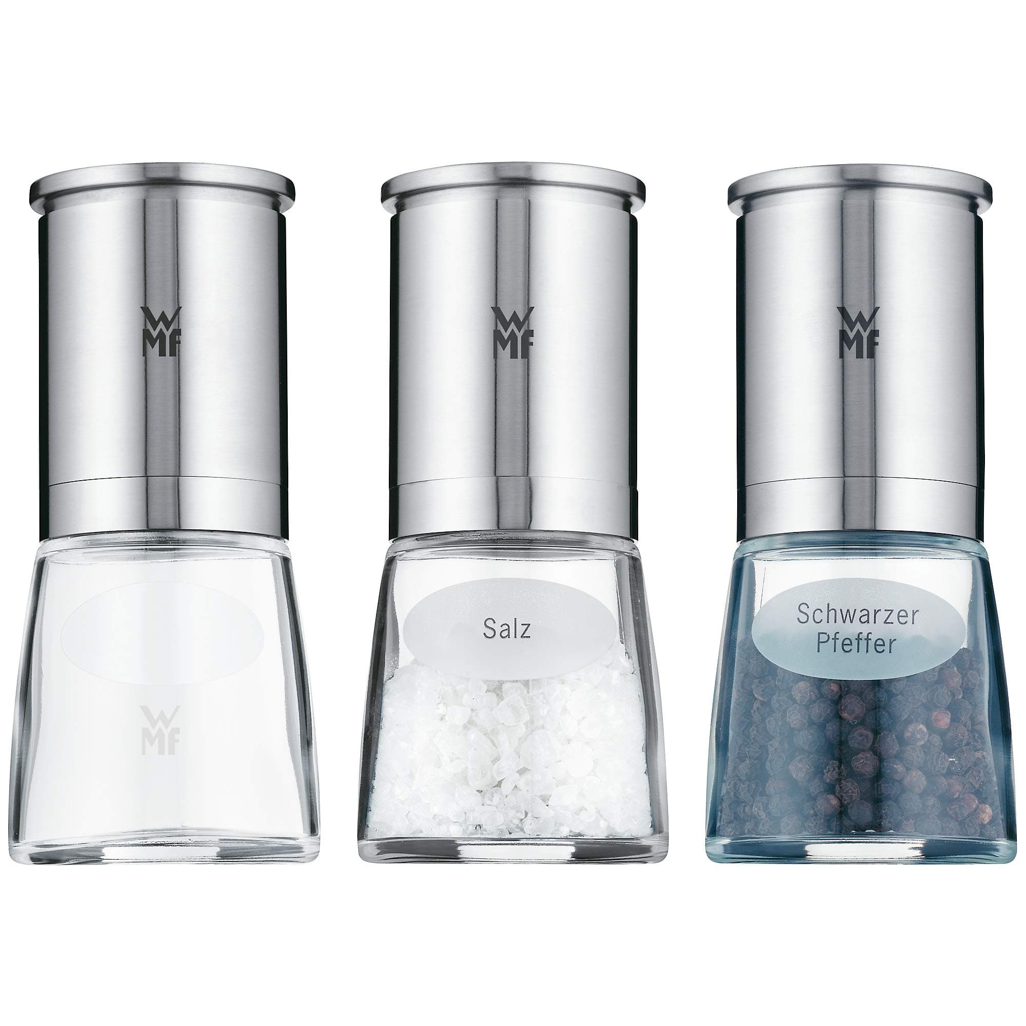 WMF De Luxe Salz und Pfeffermühle Set 3-teilig, befüllt, Cromargan Edelstahl matt, Glas, Keramikmahlwerk, Grinder für Salz, Pfeffer, Chillischoten 3-teilig Transparent