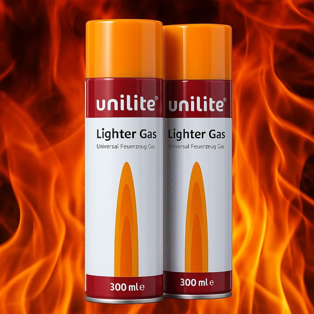 UNILITE® Feuerzeuggas 2 x 300ml mit 6 Adapter – Nachfüllgas für Gasfeuerzeug, Sturmfeuerzeug, Küchenbrenner & Stabfeuerzeug | Butangas Gaskartusche
