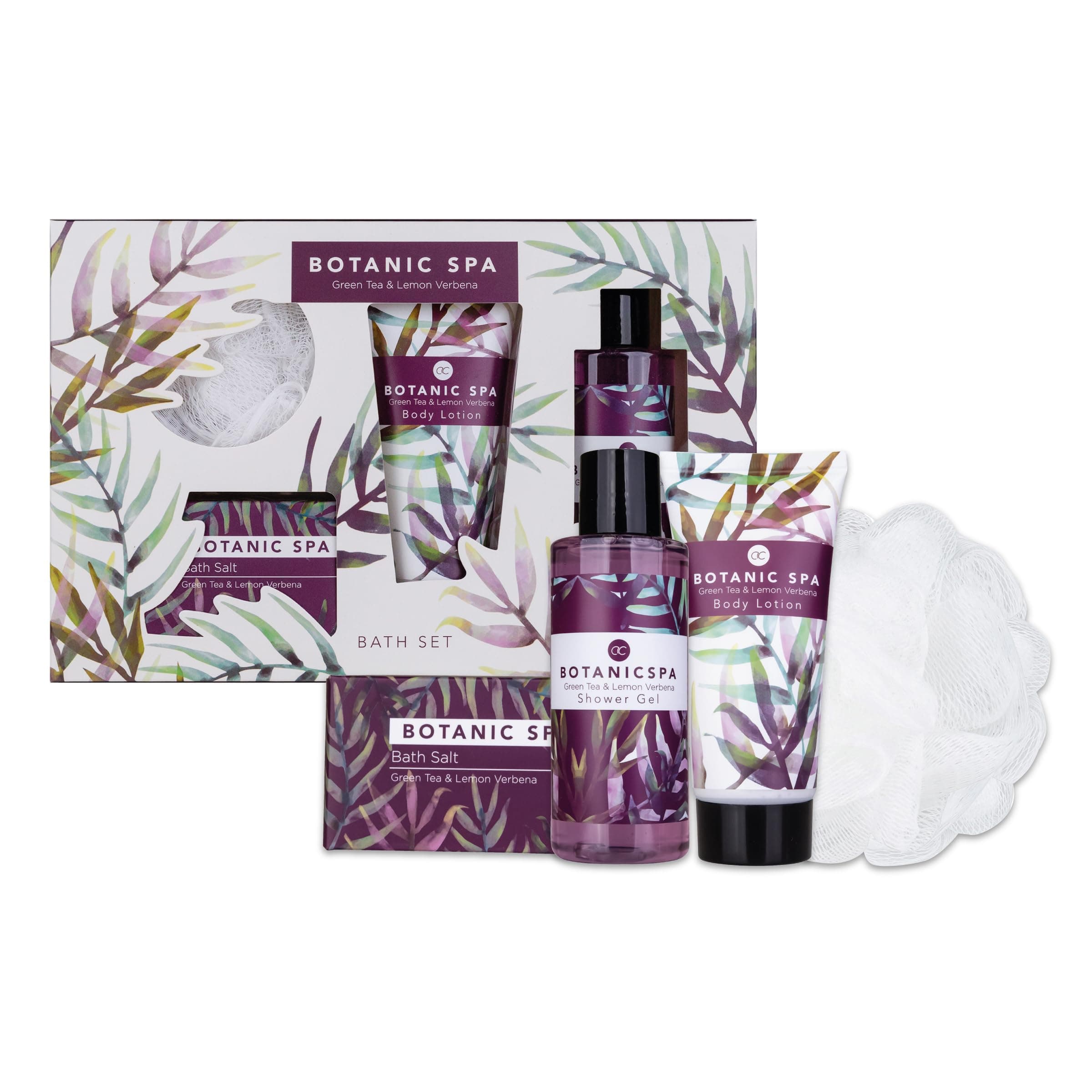 accentra - Geschenkset Frauen BOTANIC SPA 4-teilig - Badeset Geschenk mit Bodylotion, Badesalz, Duschgel & Netzschwamm – Wellness Set für Frauen & Mädchen zum Geburtstag & Valentinstag