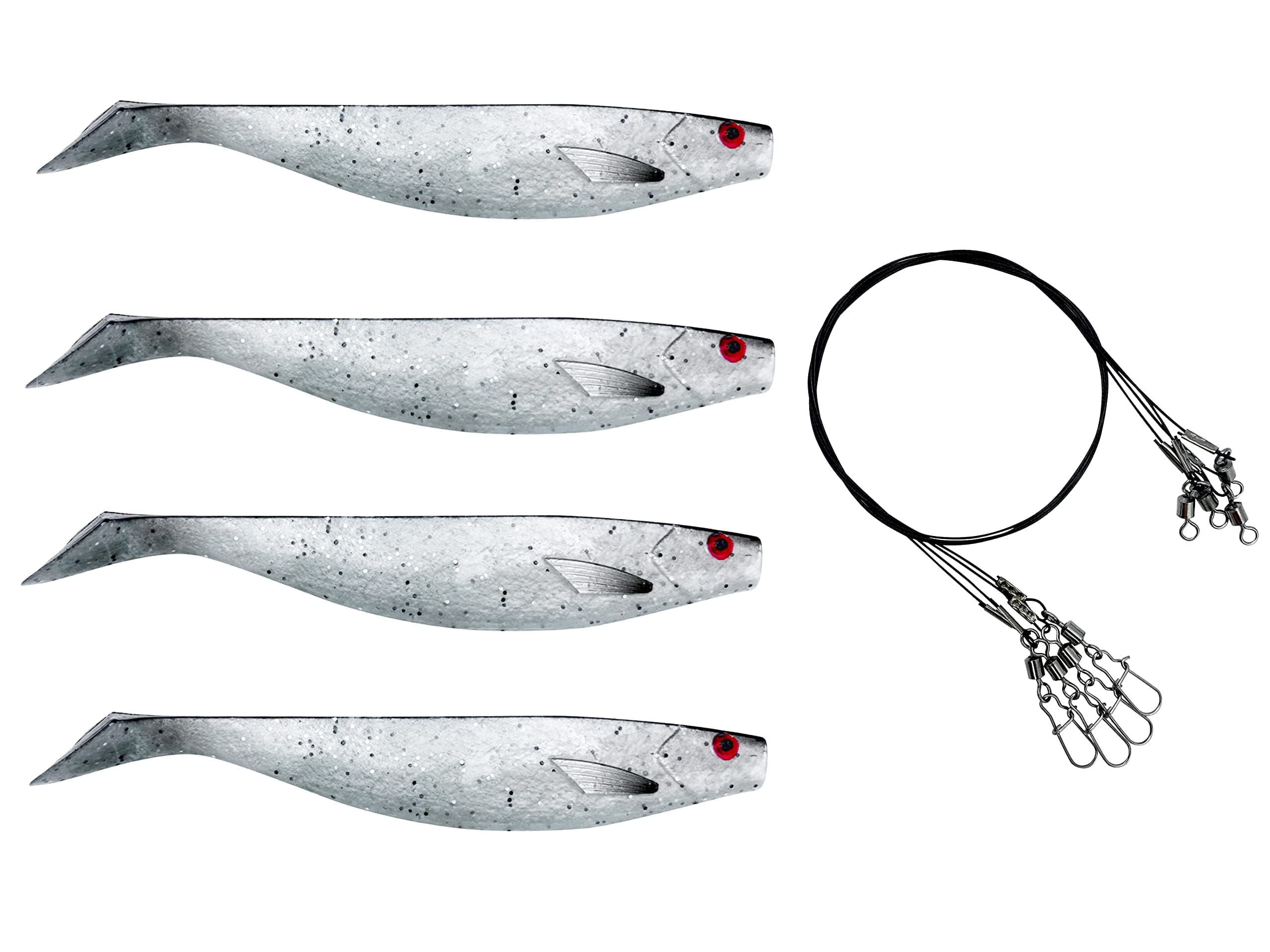PetrisCatch 4er Gummifisch Set + 4 Stahlvorfächer, 15cm, UV aktiv, Hecht, Zander