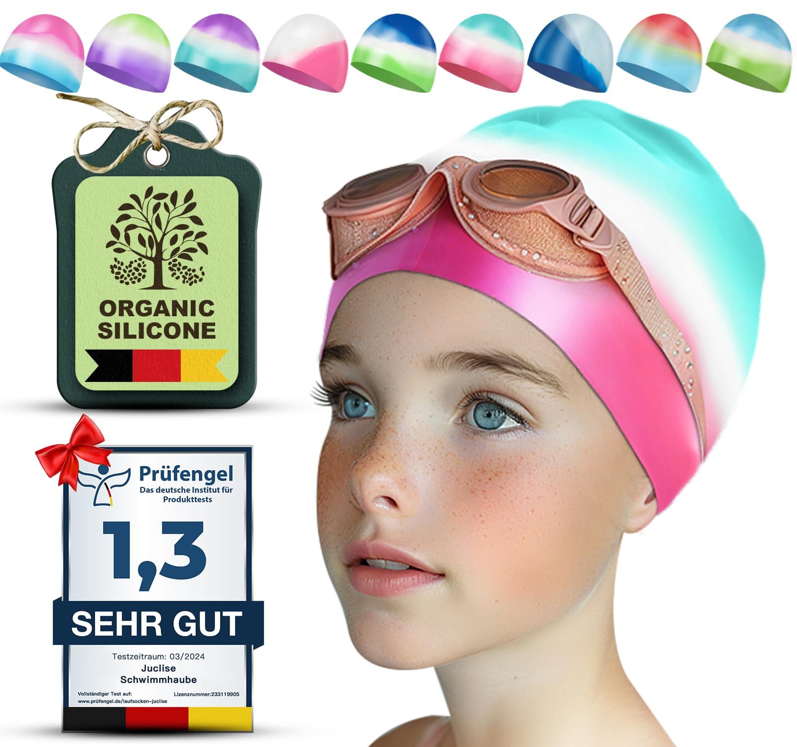 Juclise Silikon Badekappe Mädchen, Kinds und Jungen Wasserdicht für Lange und Kurze Haare UV Schutz, 1-2 Stück Grün Rosa 9-15 Jahre alt