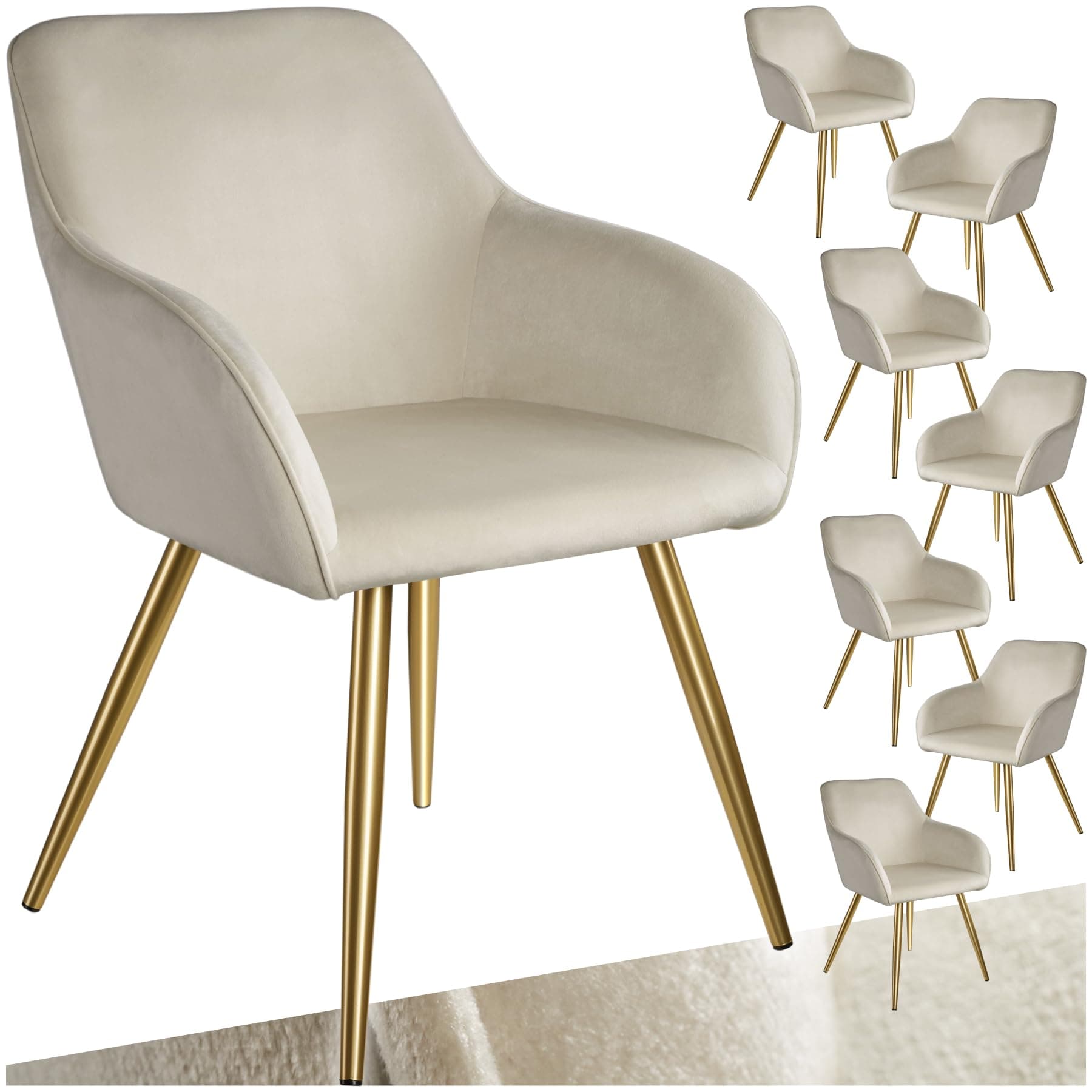 tectake® Esszimmerstühle mit Armlehne, Stuhl, Samt Polster Stühle, Möbel für Esstisch, Schminktisch, Wohnzimmer, Esszimmer, Arbeitszimmer, ergonomischer Dining Chair - créme/Gold, 8er Set 8er Set Creme Gold