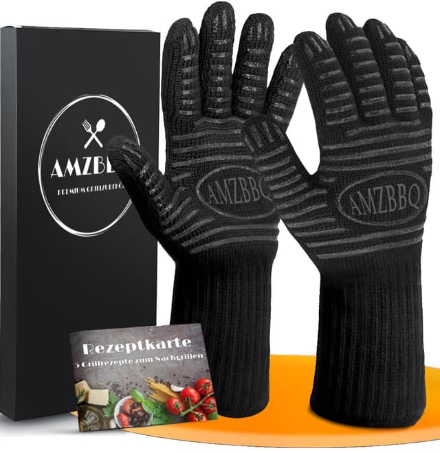 AMZBBQ® Premium Grillhandschuhe – Hitzebeständige Ofenhandschuhe bis 500°C – 100% Feuerfeste Kaminhandschuhe – Topf- und Backofenhandschuhe – Grill- und Dutch Oven Zubehör zum Verschenken M Schwarz M