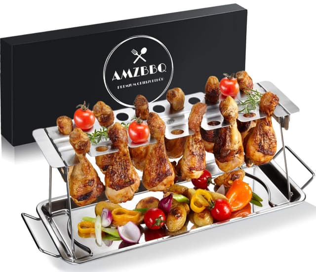 AMZBBQ® Premium Hähnchenschenkel Halter für 12 Keulen - Robuster Hähnchen Ständer aus 100% Edelstahl - Spülmaschinengeeignetes Hähnchenbräter-Grillzubehör für Männer Geschenk