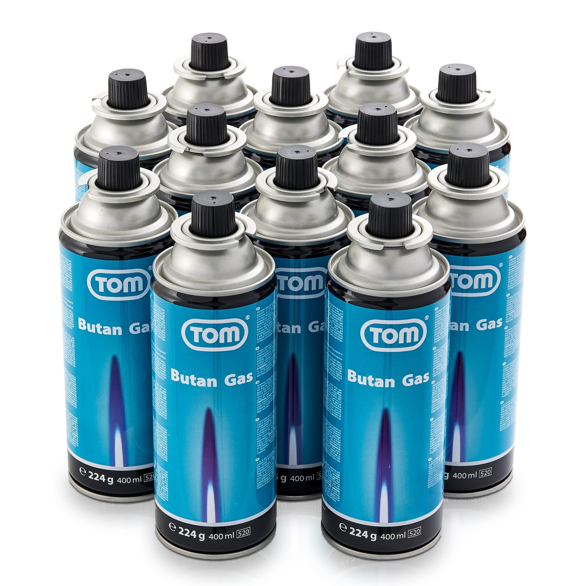 TOM 8 x, 12 x oder 28 x Butangas Kartuschen 227 mit MSF-1A Bajonett Ventil – Die Butan Gas Kartuschen sind ideal beim Camping für Campingkocher, Gaslampe & Co. oder für Unkrautbrenner, Flächenbrenner 12 Dosen Butan Gaskartuschen