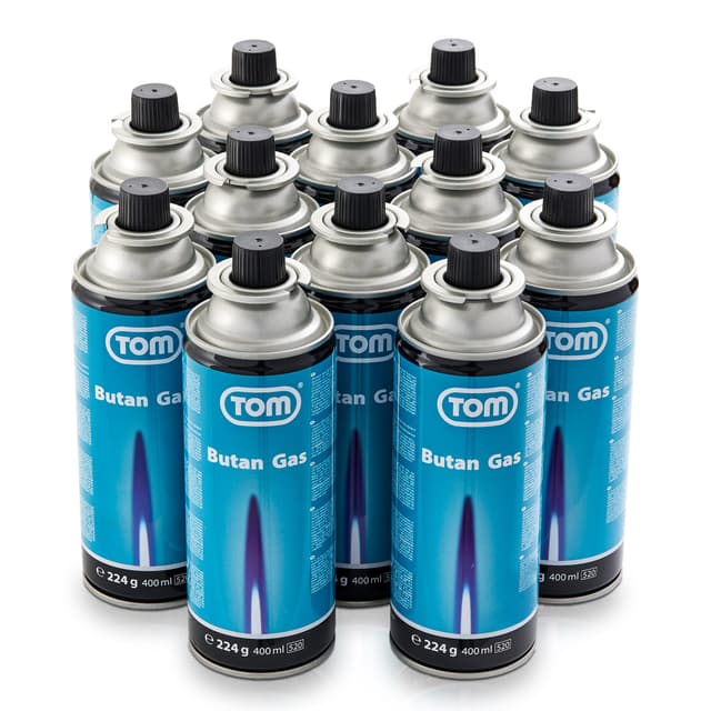 TOM 8 x, 12 x oder 28 x Butangas Kartuschen 227 mit MSF-1A Bajonett Ventil – Die Butan Gas Kartuschen sind ideal beim Camping für Campingkocher, Gaslampe & Co. oder für Unkrautbrenner, Flächenbrenner 12 Dosen Butan Gaskartuschen