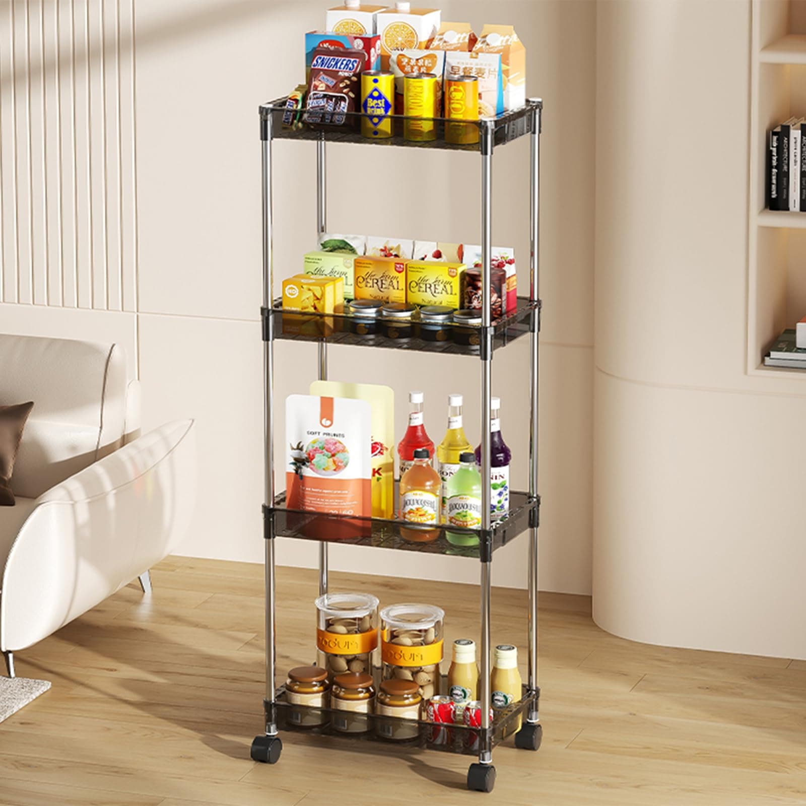 Verstellbarer schlanker Aufbewahrungwagen 4-Etagen (Breite 14–20 cm), rollbarer Trolley Utility Cart, mobiler Organizer-Regal für Badezimmer, Küche, kleine Räume, Wäsche und Kommoden. (schwarz)