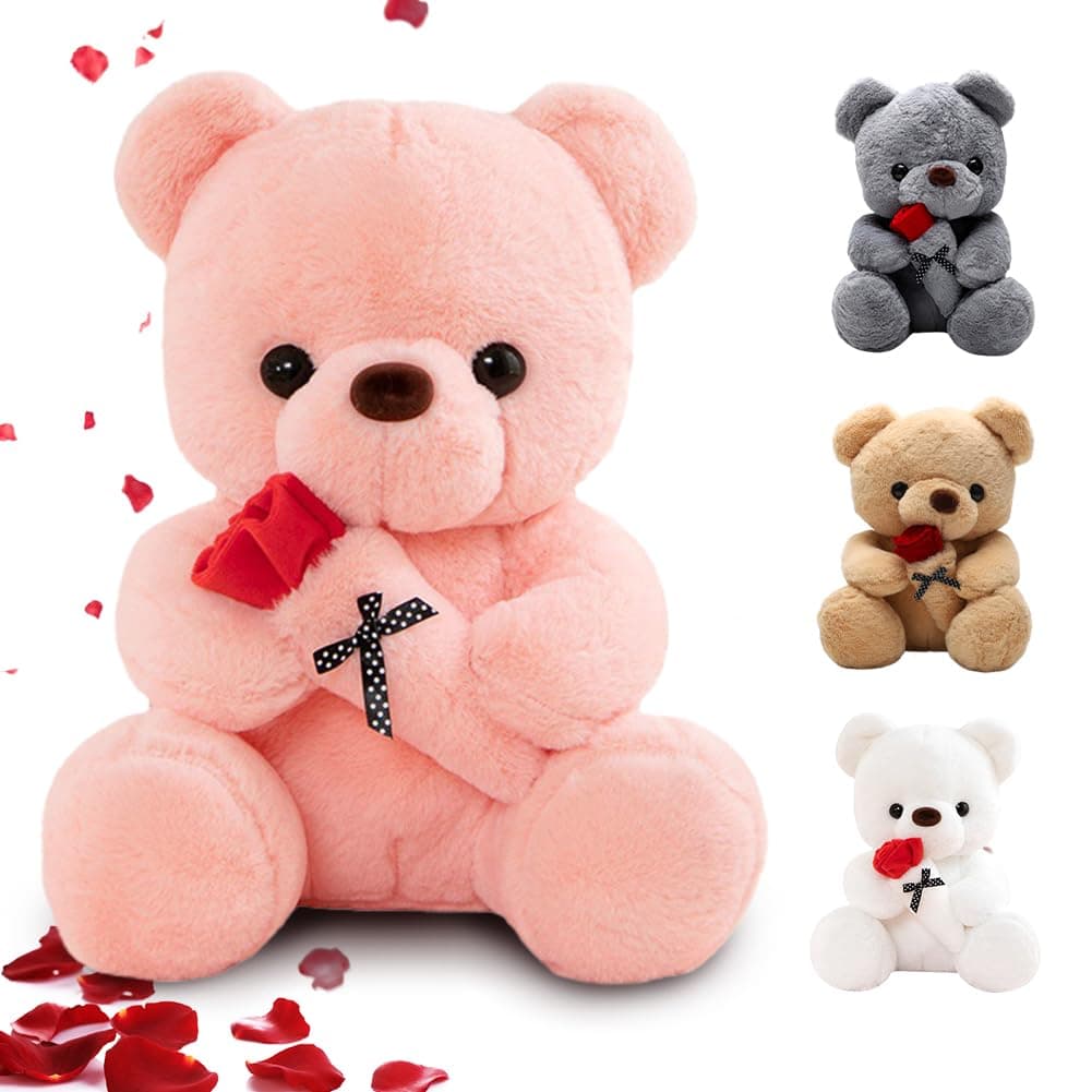 RANJIMA Teddybär Plüschtier mit Rose, süßes Stofftier Spielzeug Kissen Bär Puppe Geschenke für Freundin Frauen Plüschteddy Kuscheltier Schmusetier zum Geburtstag Weihnachten Valentinstag(35cm,Rosa)