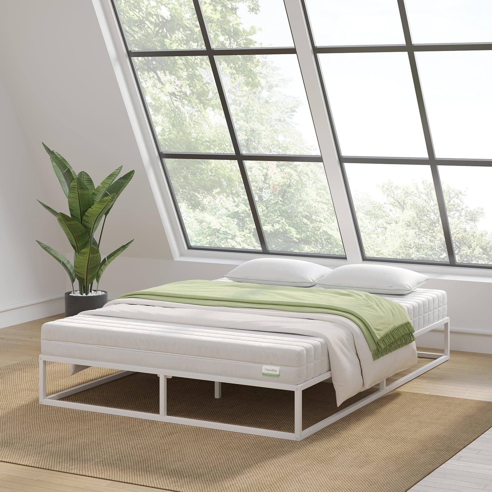 Novilla Bettgestell 90 x 200 cm,Bettrahmen 25 cm Hohe, Bettgestelle mit Lattenrost Holzlattenunterstützung, Stauraum unter dem Bett,Weiß 90 x 200 Weiß
