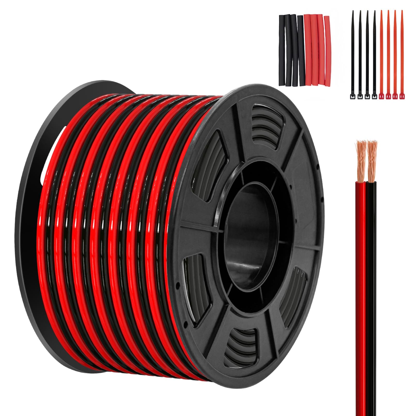 Piwaal 14AWG Wire Reel 2.0 mm² 100ft Pro Rolle, 14 Gauge 2-Adriger Paralleldraht (Rot 30,48 m, Schwarz 30,48 m), Blankes Kupfer,für LED-Streifen/Birnen/Röhren. 100FT 2*2,5mm²