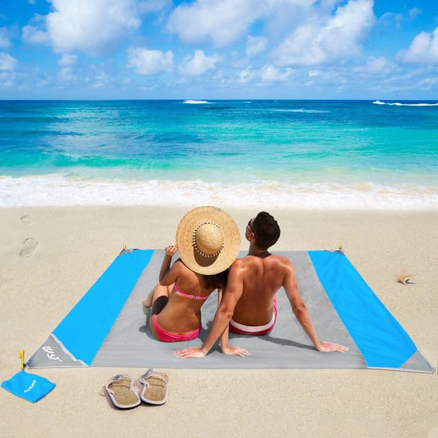 OUSPT stranddecke 210 x 200 cm, Picknickdecke,stranddecke sandfrei,4 Befestigung Ecken, Ultraleicht kompakt Wasserdicht und sandabweisend Grau