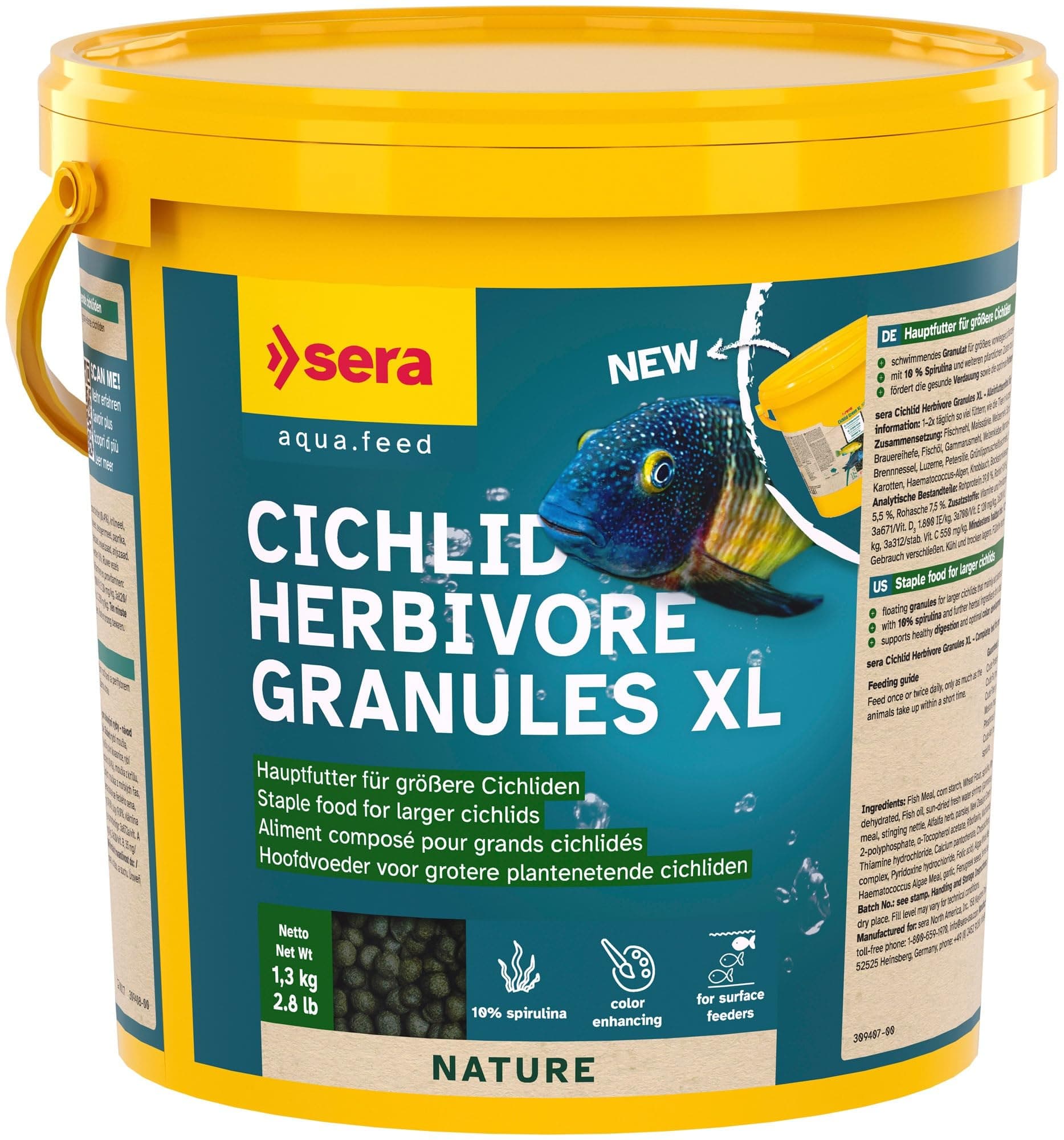 Cichlid Herb Granules XL 3,8 L 1,3kg | hauptfutter für große cichliden 3.800 ml |ohne farb- und konservierungsstoffe | für pflanzenfressende Fische | extra große futterbrocken