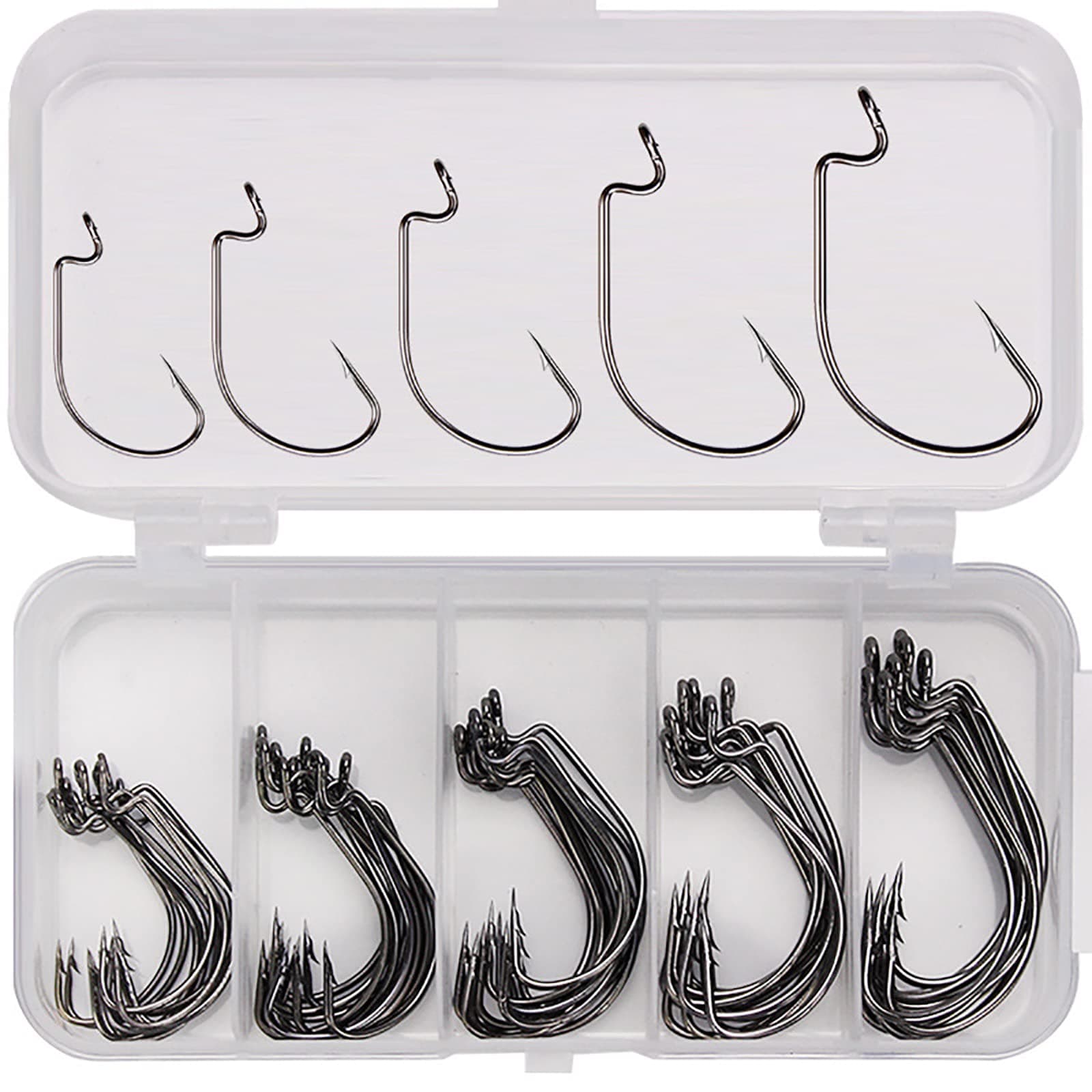 WUDQIJI Angelhaken Set 50 Stück Offset Haken Dropshot Haken Salzwasser Angelhaken Offset Wurm Angeln Haken Offsethaken Offset Wurm Haken mit Kunststoffboxen in 5 Größen für Gummiköder