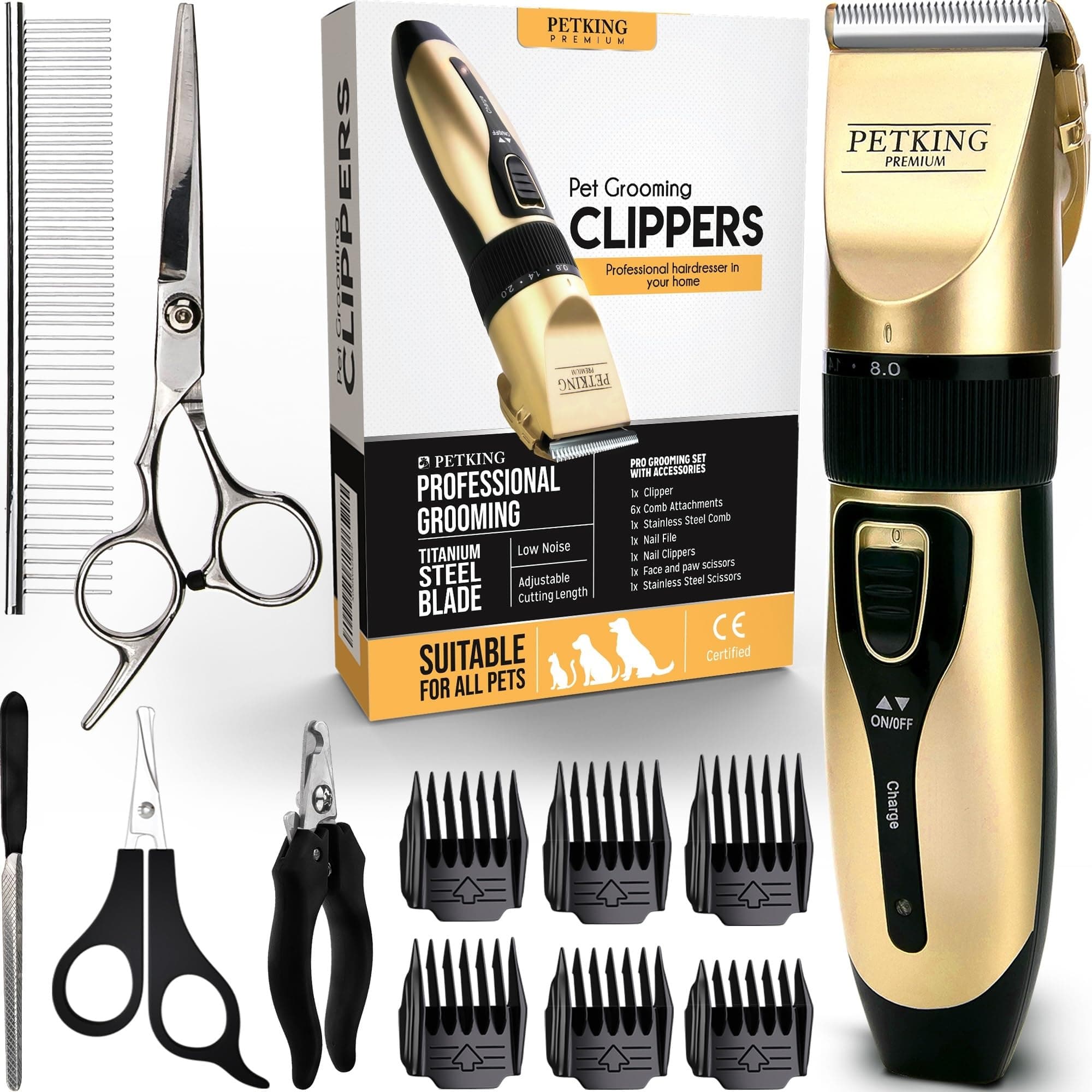 PetKing Premium Hundehaarschneider Hundepflege Set Für Dickes Fell – Tierhaarschneider Set Für Hunde Und Katzen – Hunde Haarschneidemaschine Trimmer Rasierer Set Mit Geringer Lautstärke Gold