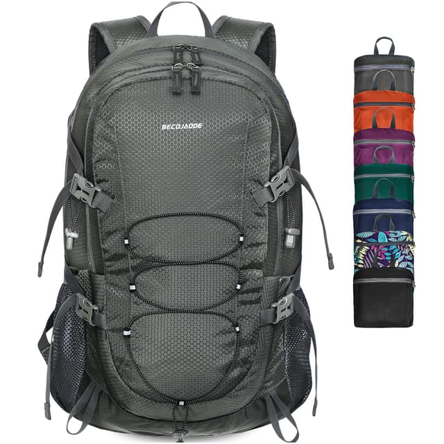 BECOJADDE Wanderrucksack Herren Damen 40L Ultraleichter Faltbarer Rucksack Wasserdichter Reiserucksack Trekkingrucksack mit Nassfach für Wandern, Reisen, Radfahren und Klettern, Grau