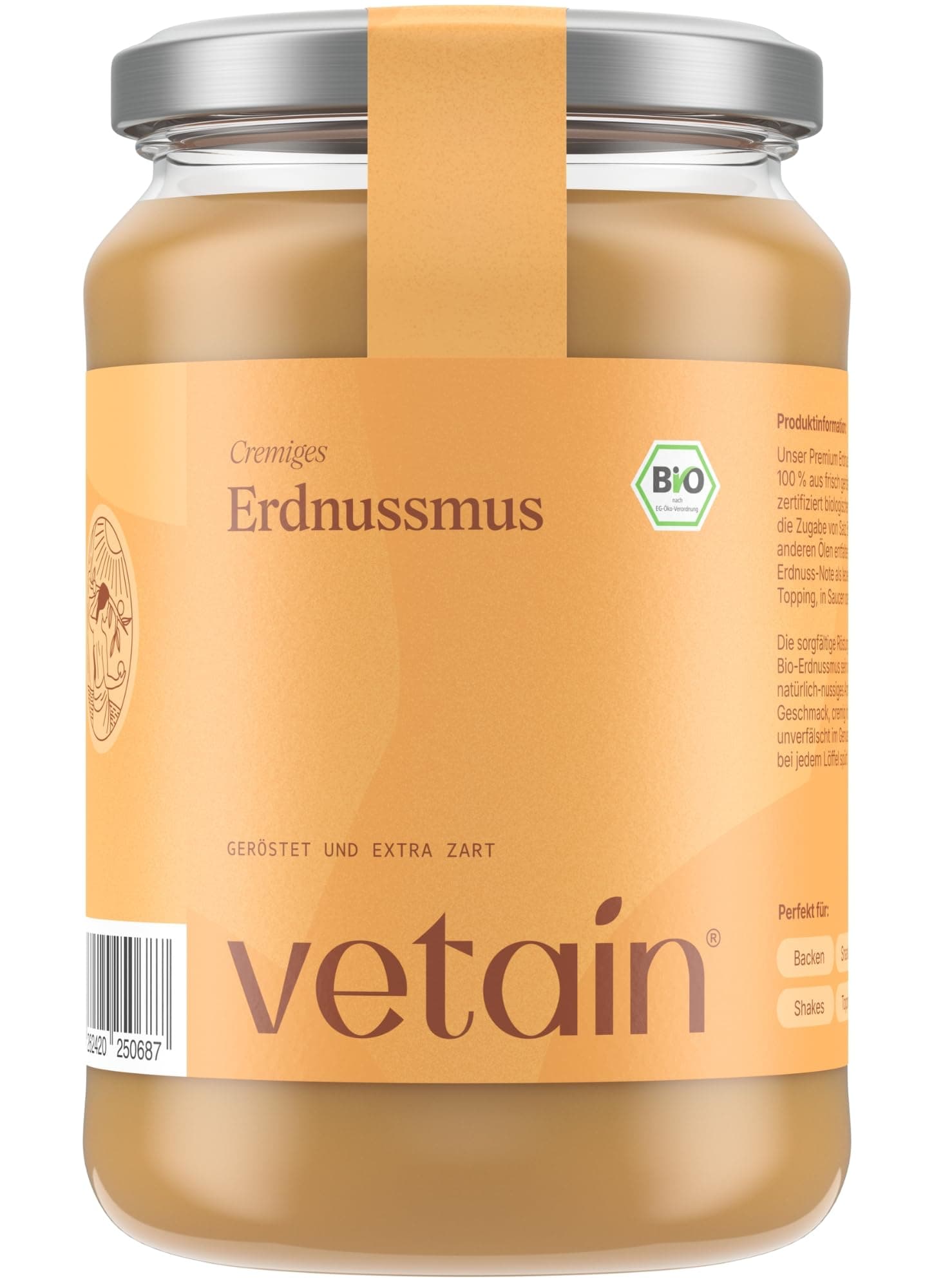 VETAIN Bio Erdnussmus Cremig 500g - 100% Bio-Erdnüsse - vegane Erdnussbutter - reich an Protein & Ballastoffen - ohne Zucker & Palmöl - perfekt als Topping für Müsli, Porridge oder als Brotaufstrich 500 g (1er Pack)
