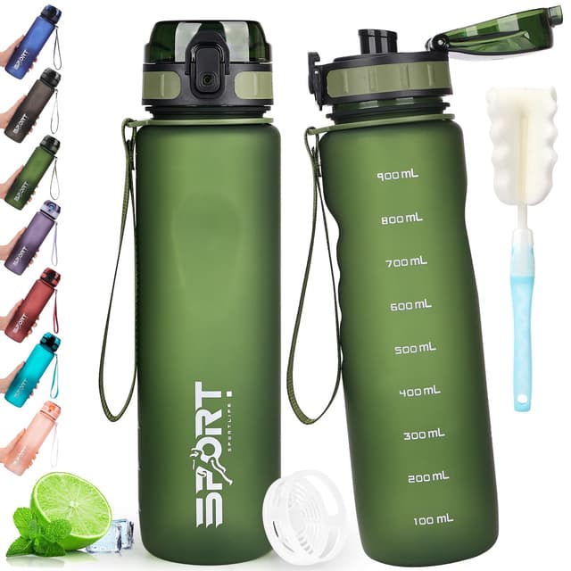 AOPREL Trinkflasche 1L Sport Trinkflasche Wasserflasche Auslaufsicher Trinkflaschen BPA Frei Sportflasche mit Kapazitätsskala für Die Outdoor, Schule, Camping Armee Grün