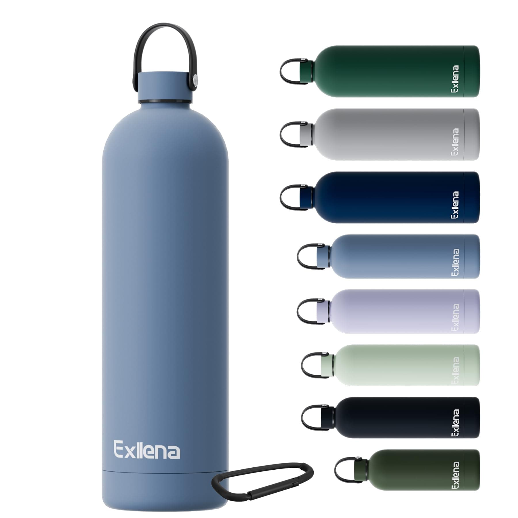 Exllena Trinkflasche Edelstahl mit Griff & Karabiner–500ml/750ml/1L/1,5L isolierte Thermosflasche, 100% auslaufsicher und BPA-frei, Wasserflasche thermo für Sport, Büro & Alltag (Walblau,1500ML) 1500 ml Walblau