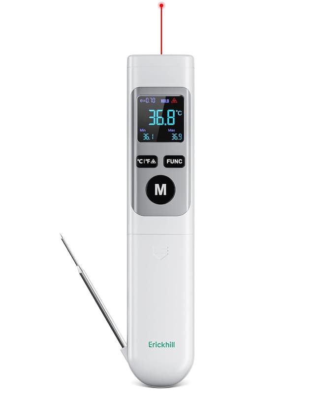 ERICKHILL Infrarot-Thermometer -50℃-550℃, mit faltbarem -50-260℃ Fleischfühler, großer LCD-Digitalanzeige, einstellbarem Emissionsgrad 0,1–1,00 – geeignet zum Kochen/Grillen/Einfrieren, AAA-Batterie