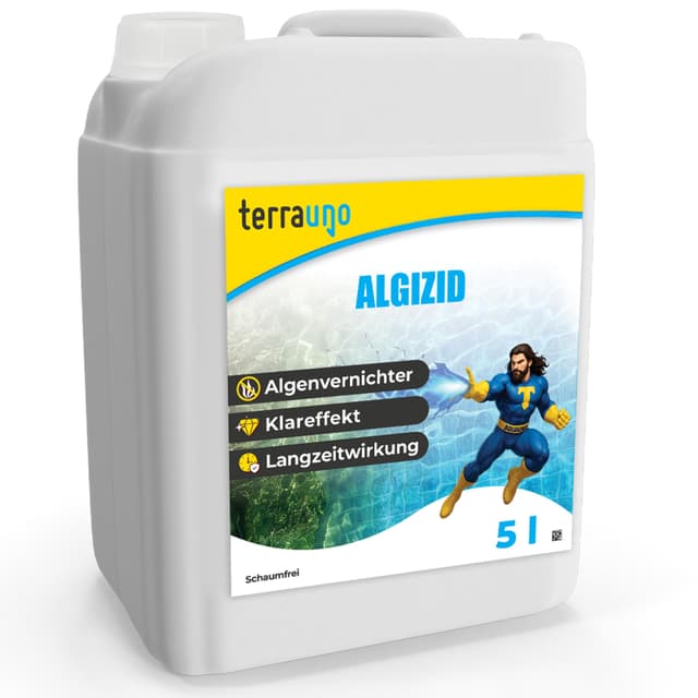 TerraUno Algizid für Pool, Algenvernichter Pool zum Schutz vor Algen, Pilzen & Bakterien, 5 L Pool Algenvernichter mit Klareffekt für sauberes und klares Badewasser