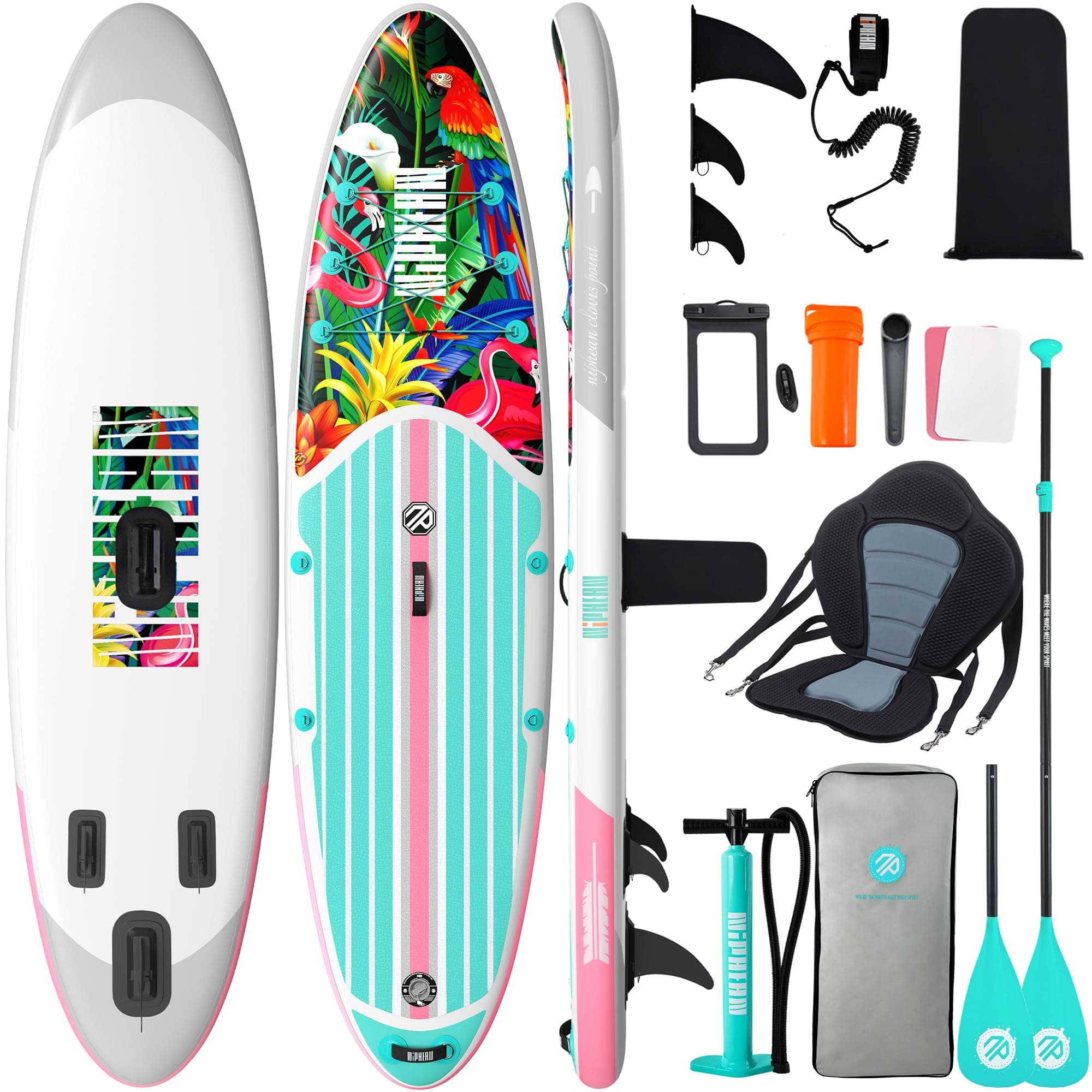 Niphean Stand up Paddle Board for Adults mit Allem Zubehör, 320cm Paddleboard für Aller Fähigkeitsniveaus, SUP mit 200kg Tragkraft für 2 Personen, Stand up Paddling Board mit Sitz Flamingo Frenzy mit dem Balanceflügel