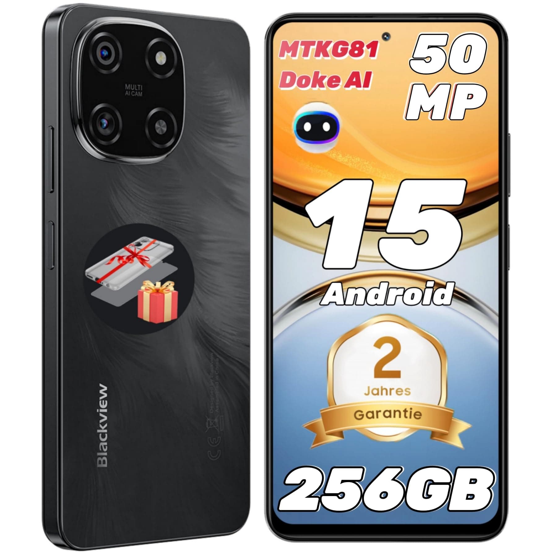 Blackview Color 6 KI Android 15 Handy 24GB+256GB /2TBTF, 50MP Super PD, 2.0GHz MTK G81 Octa Core, 6.67" Smartphone Ohne Vertrag, 5000mAh/18W, Dual SIM Handys/Fingerabdruck/Face ID/GPS/OTG Schwarz
