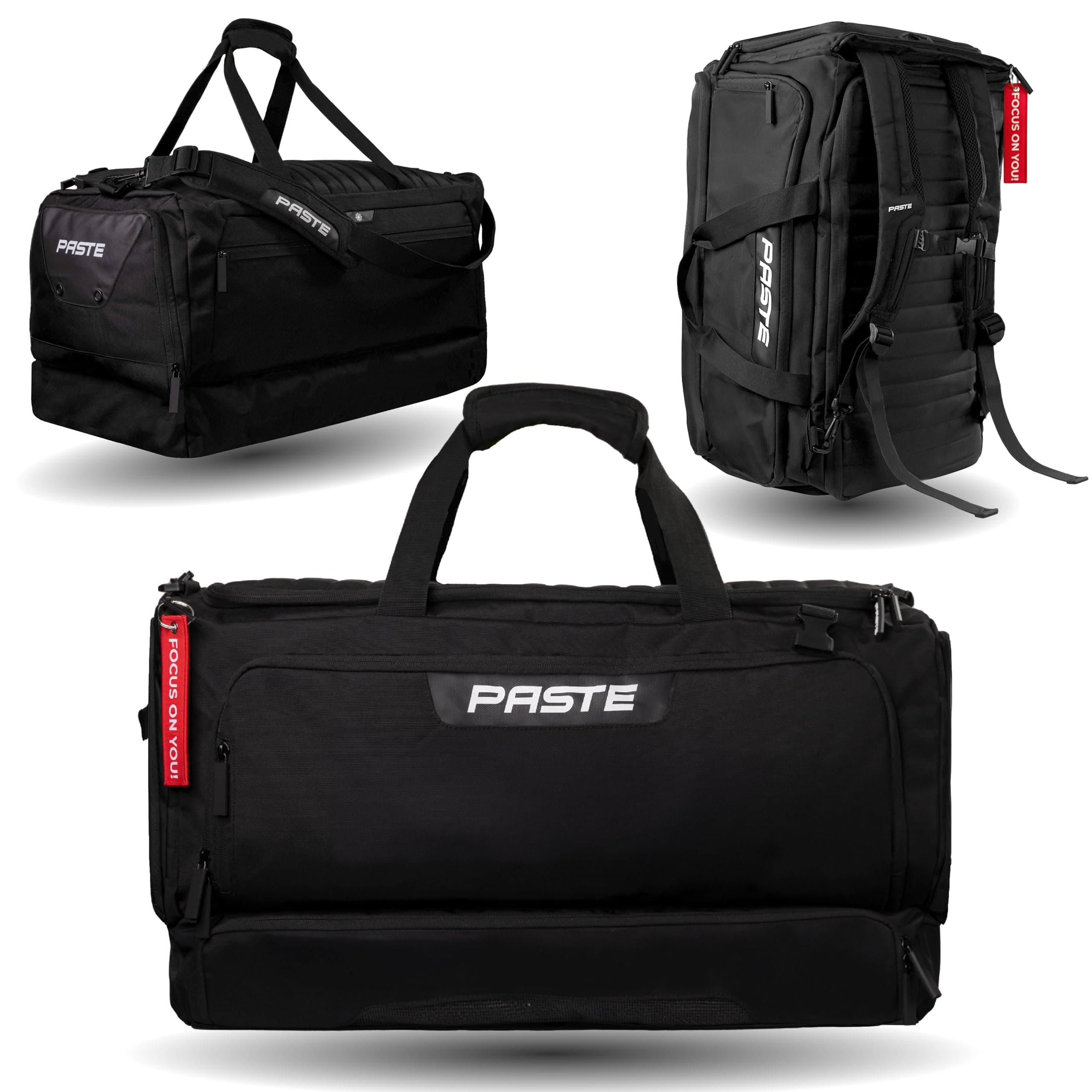 PASTE® - Premium Sporttasche 63L mit Rucksackfunktion, Schuhfach & Nassfach Schwarz - Fußball-Tasche & Trainings-Tasche mit Kühlfunktion Damen & Herren groß - XL Reise-Tasche & Gym Bag Sport & Fitness
