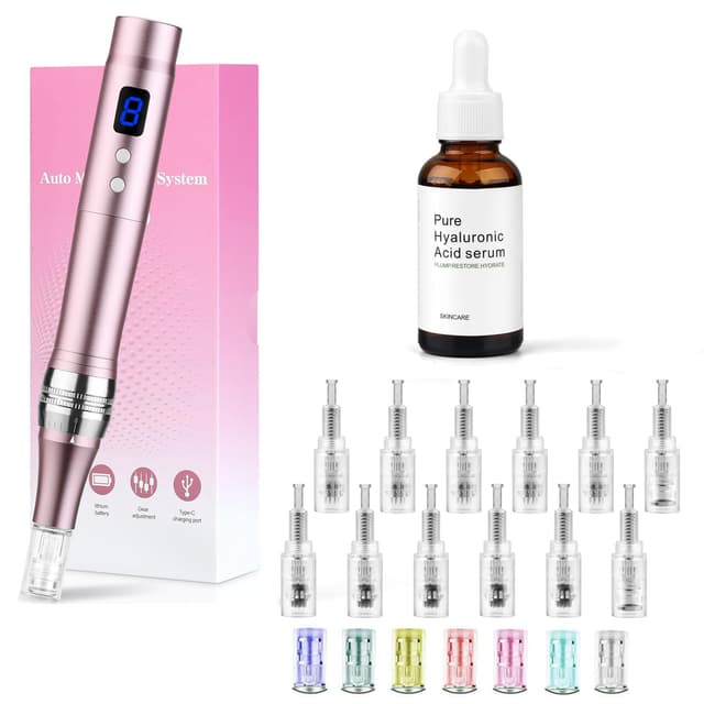 Dessnill Dermapen Elektrische Microneedling Pen Micronadeln Pen 0-2,0mm mit 7 Model LED Licht, mit Hyaluronsäure Anti-Aging Anti Falten Gesichtsserum (Inkl. 12 Nadeln Patronen) Rose