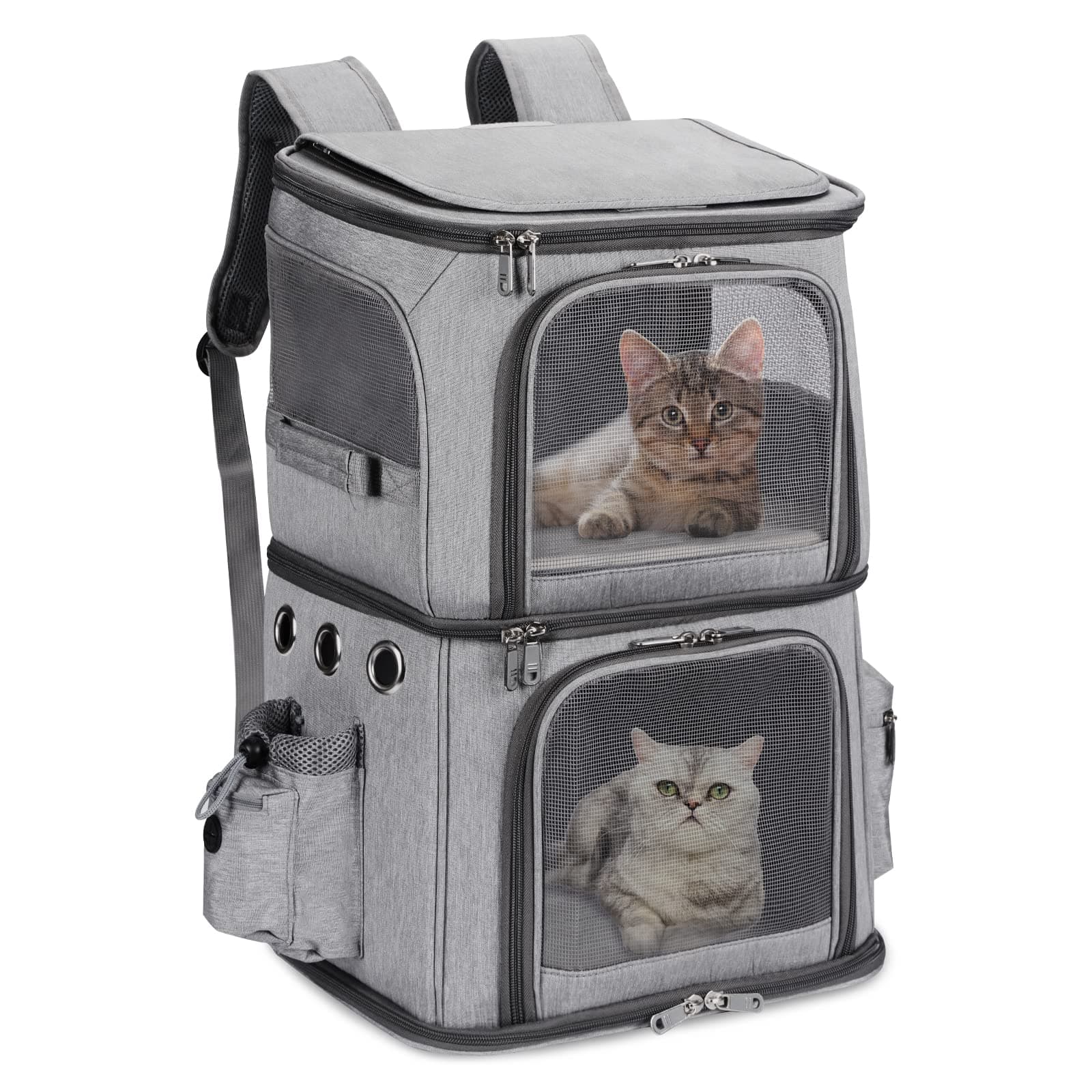 FASNATI Doppel-Fach Haustier Tragetasche Rucksack Katzentragetasche Rucksack für 2 kleine Katzen, Hunde und Kaninchen, perfekt für Reisen Wandern Camping Grau L Grau