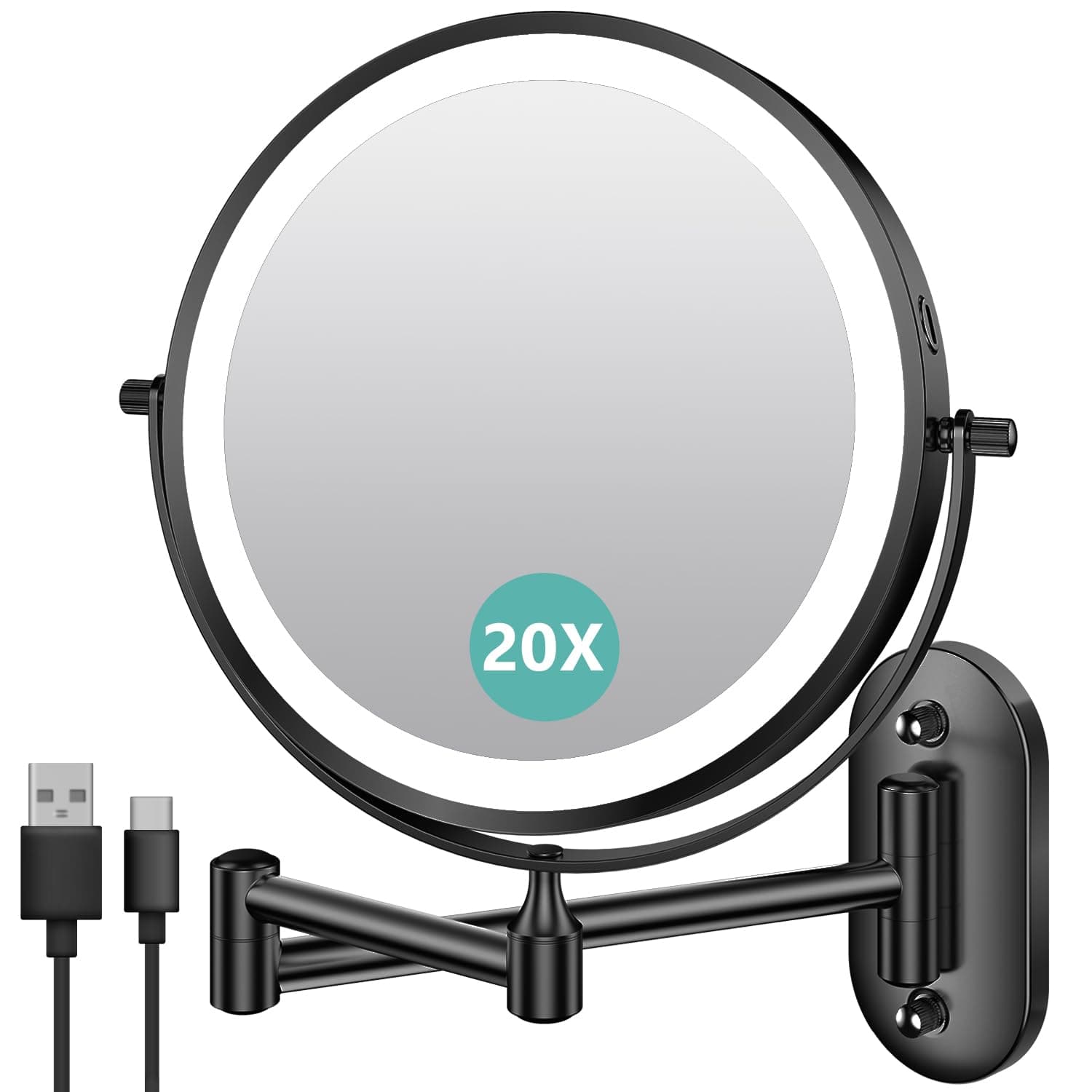 Auxmir Kosmetikspiegel mit Beleuchtung, 1X/30X Wiederaufladbar Schminkspiegel, 3200mAh Rasierspiegel Wandmontage, Dimmbar Vergrößerungsspiegel mit 3 Lichtfarben, 360° Drehbar für Badezimmer Schwarz 20X(3200mAh)