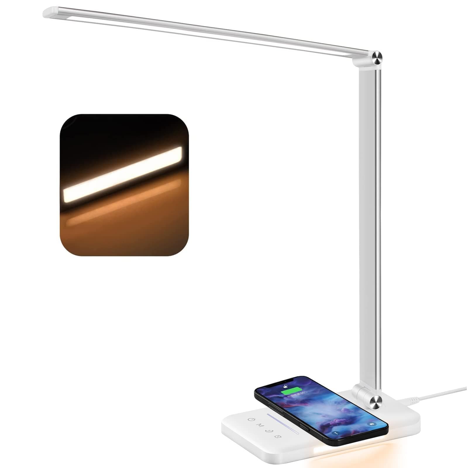 BIENSER Schreibtischlampe LED mit 10W Wireless Charging, USB Ladefunktion, 600LM Bürolampe Tischlampe mit 10 Helligkeits X 5 Farbstufen Dimmbar, Nachtlicht, Memory-Funktion, Auto Timer, 6000K, 24W 24w Adapter - Silber