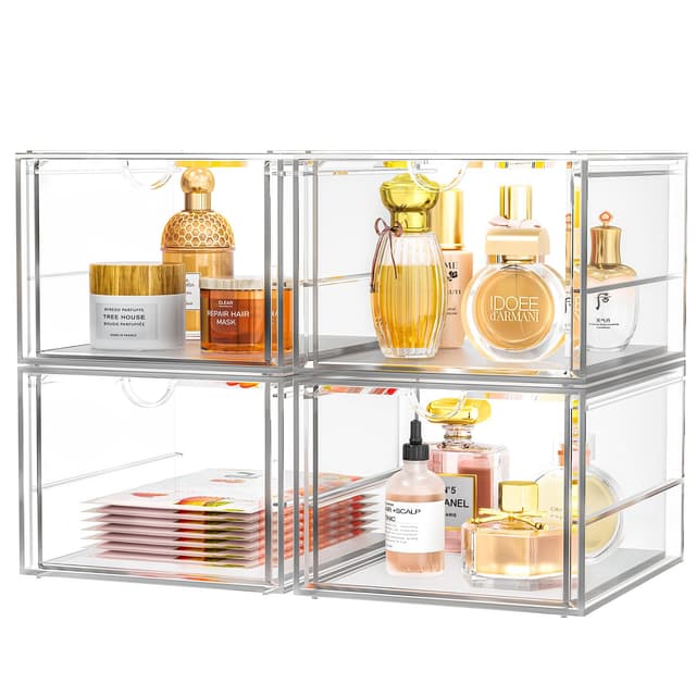 Stapelbare Aufbewahrungsschubladen, Acryl-Kosmetikschublade, transparentes Schreibtischzubehör, staubdichte Schubladenaufbewahrung für Kommode, Badezimmer, 4 Stück Transparent, 4 Stück
