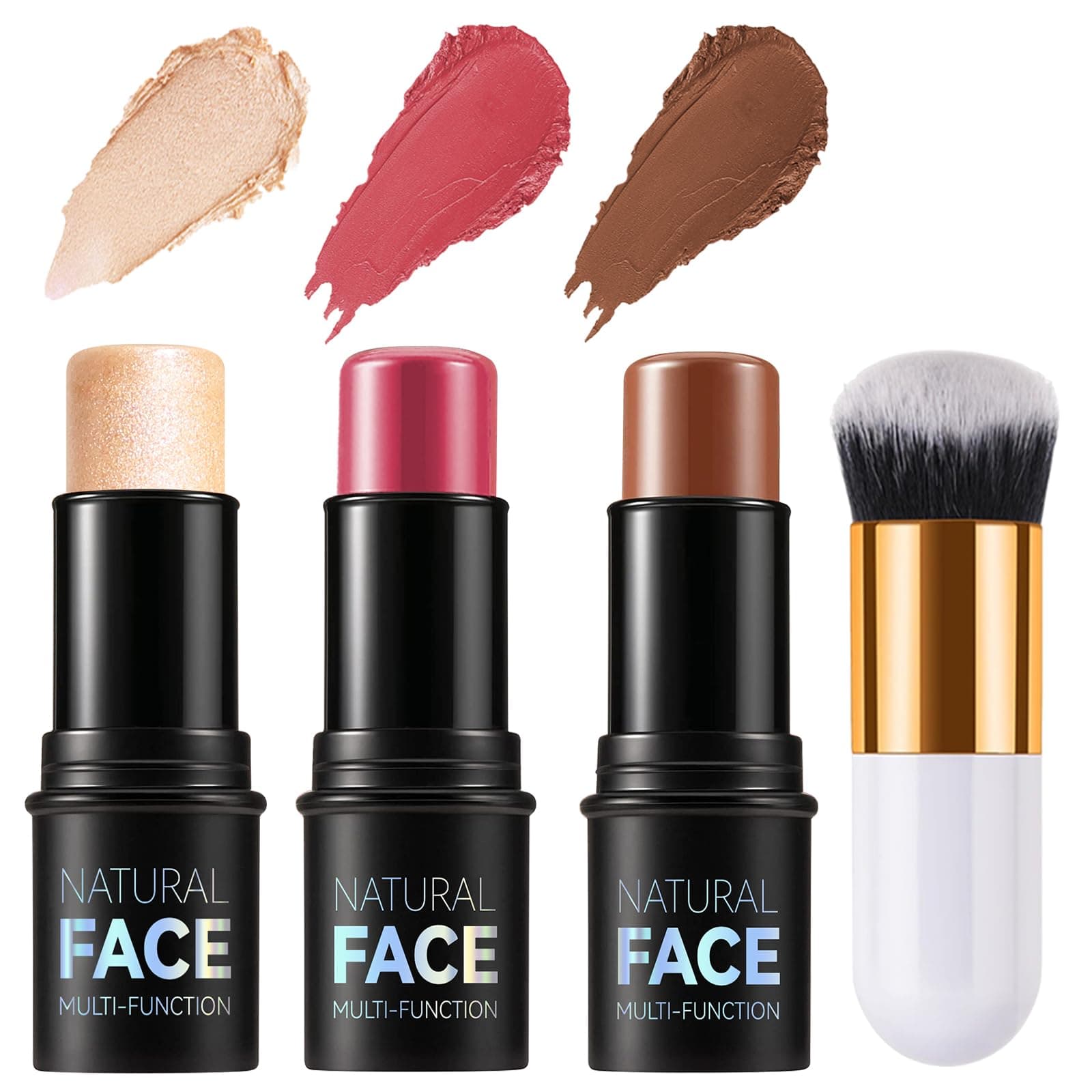 3Pcs Contour Highlighter Blush Sticks mit Pinsel - Creme Contour Bronzer Stick für Wangen Augen Lippen, lang anhaltende wasserdichte glatte Make-up-Sticks für alle Hauttypen Gesicht Make-up (Set D) LIGHT FAIR