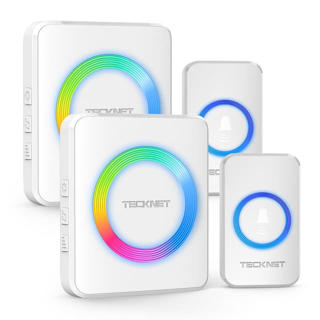TECKNET Funkklingel, Kabellose Türklingel Funk Set 400m Reichweite, IP65 Aussen Wasserdicht Haustür Klingel mit 2 Plug-In-Empfänger und 2 Sender, Ring doorbell und Klingelknopf Mit RGB-Blitz Weiß 2 Empfänger & 2 Sender