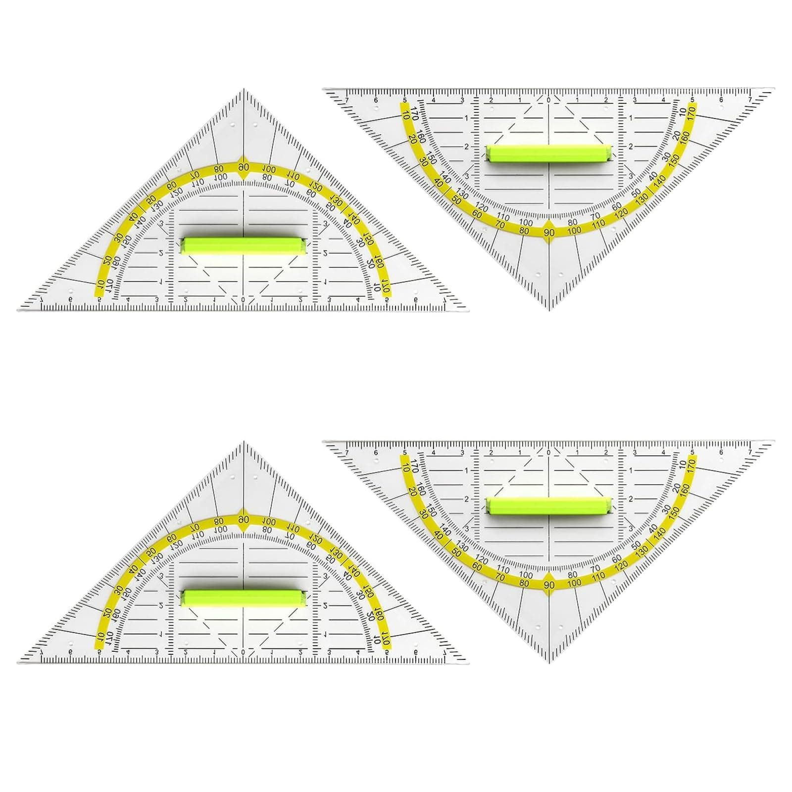 ROMINVIC Geodreieck,4 Stück Geodreieck Grundschule mit Griff,Geodreieck Klein Groß 14cm Transparent Flexibel zum Kreise Zeichnen, Geeignet für Studenten Büro Designer Malerei
