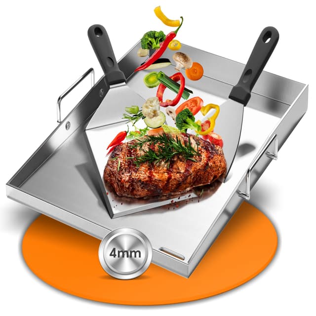 Plancha Grillplatte Edelstahl 40x30cm (4mm Dick) für Gasgrill & Kohlegrill – Inkl. Tragebügel+2 Grillspachtel – Geschlossene Ecken mit Fettablauf, Rostfrei & Langlebig – Ideal für Camping & Garten BBQ 40*30cm