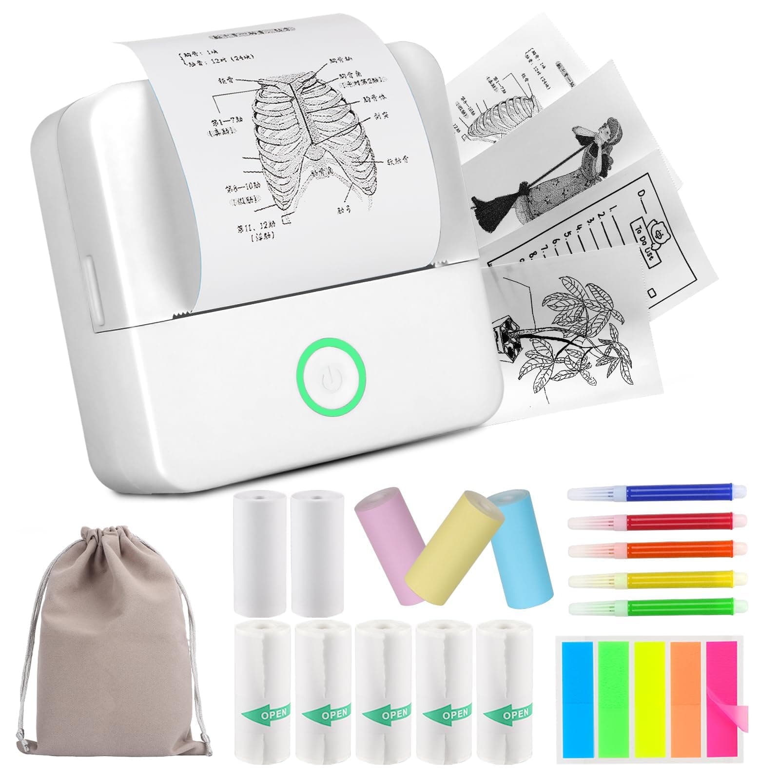 HUIJUTCHEN Mini Drucker, Wireless Bluetooth Fotodrucker Tragbarer Thermodrucker Smartphone Taschendrucker Kompatibel mit Android & iOS mit 10 Rollen Papier für Studium Notizen Fotos (Weiß)