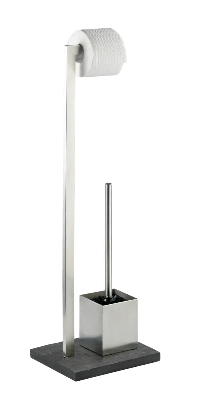 WENKO Stand WC-Garnitur Slate-Rock, Ständer für Toilettenpapier & Toilettenbürste, WC-Papierhalter in Schiefer-Optik, stehender Rollenhalter inkl. Bürste, rostfreier Edelstahl, Anthrazit, 73.5 x 19.5 x 23 cm